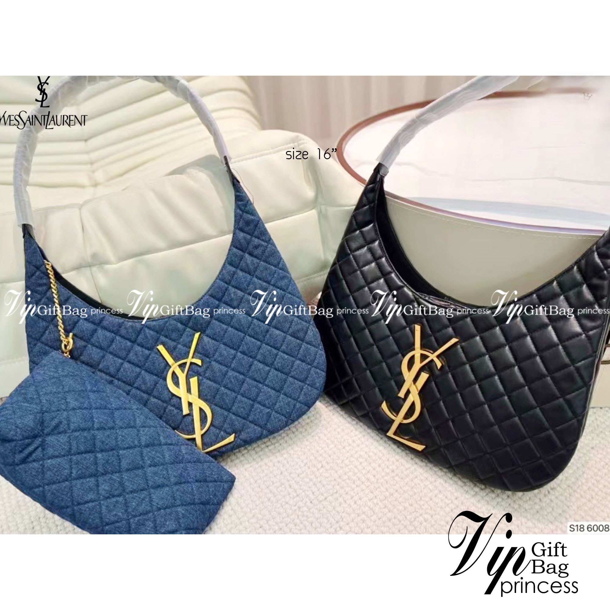 YSL Icare Maxi Shopping Bag In Quilted Lambskin 15" / YSL Icare Maxi Denim กระเป๋าสะพายใบใหญ่ มาพร้อมใบเล็ก หนังบุเย็บลายตาข่าย (Quilted Bag) ดีไซน์โฉบเฉี่ยวกว่าหลายระดับด้วยการประดับฮาร์ดแวร์ทองเหลืองในตัวอักษร Y.S.L สะดุดตา มอบสไตล์เรียบง่ายแต่คลาส