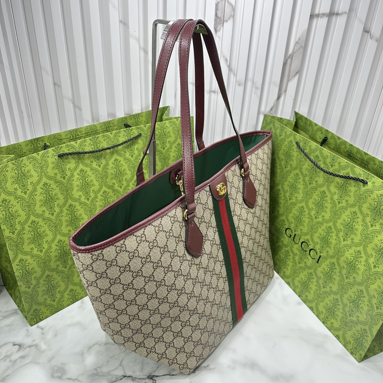 ORI หนังแท้ | Gucci Ophidia medium tote bag GG Monogram Double G / Gucci Tote Bag กระเป๋าสะพายทรงโท้ทใบใหญ่ ภายในโล่งกว้างจุของได้เยอะ