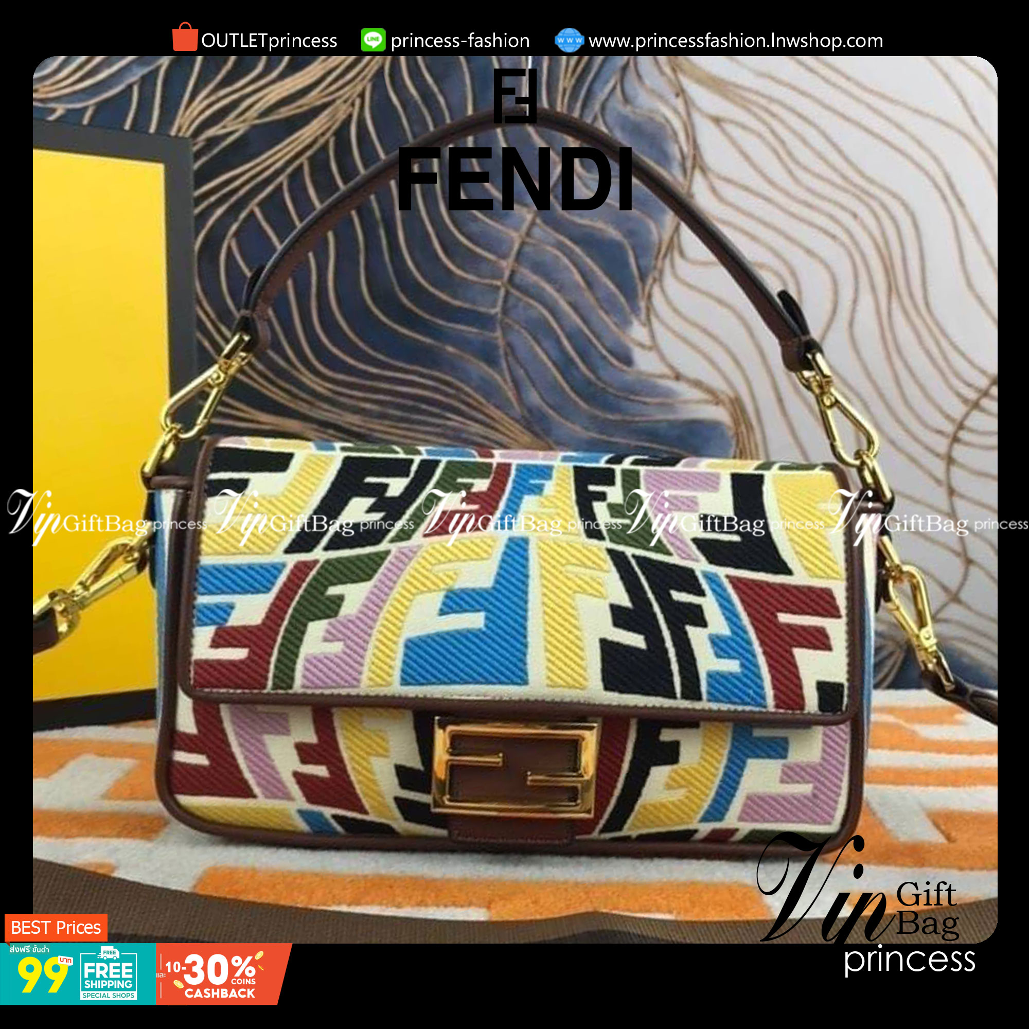 VIP GIFT 】FENDI BAGUETTE SUMMER 2021 CANVAS SHOULDER BAG กระเป๋าสะพายพรีเมี่ยมกิ๊ฟ หายาก สีคัลเลอร์ฟูลสุดใส โดดเด่น ดีไซน์ปั๊มโลโก้รอบใบ วัสดุผ้าแคนวาส ทนทาน มาพร้อมสาย 2 แบบ สำหรับคล้องแขน และสายครอสบอดี้สีทูโทน เปิด-ปิดด้วยกระดุมแม่เหล็ก ภายในเป็นช่องโล