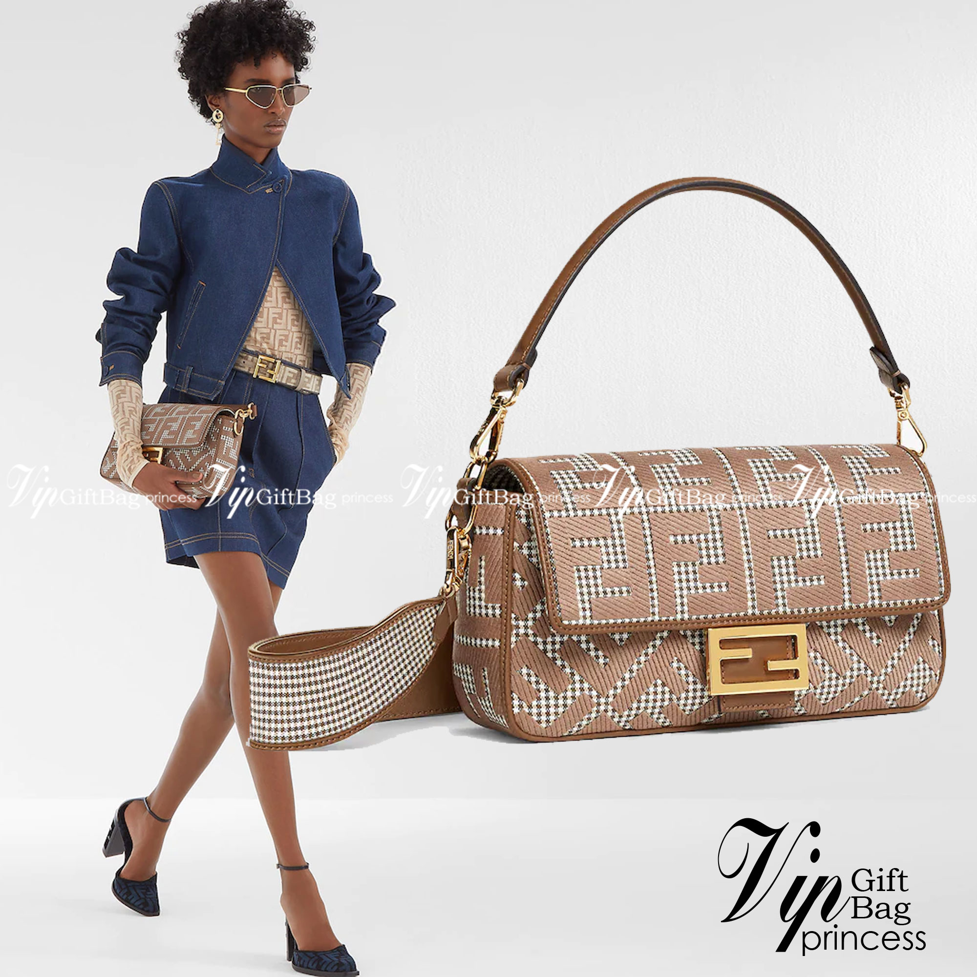 FENDI Baguette Brown houndstooth wool bag with FF embroidery / fendi baguette fabric bag กระเป๋าสะพายเฟนดิ งานจริงสวยมาก พร้อมสายสะพาย 2 เส้น ถอดได้ งานปั้มทุกจุด วัสดุคุณภาพดี แนะนำ ไม่ผิดหวัง มีจำนวนจำกัดนะคะ ภาพถ่ายจากงานขายจริง ใช้งานต่างประเทศได้