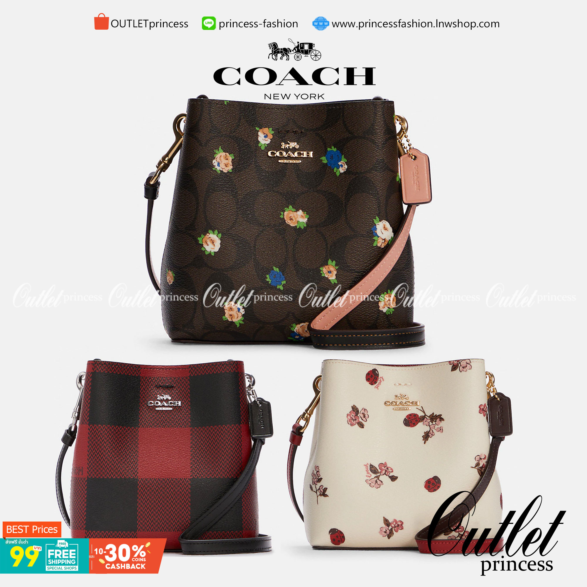 COACH MINI TOWN BUCKET BAG IN SIGNATURE CANVAS WITH VINTAGE MINI ROSE PRINT ((7270 7268 7267)) คอลเลคชั่นใหม่ล่าสุด!! น้องสาวคนสวยมาแล้วจ้า สดใสต้อนรับเทศกาลคริสต์มาส 🎅🎄 กระเป๋าบัคเก็ต ไซส์มินิ ใบจริงน่ารักม้าก!! น่าใช้แบบที่สุด วัสดุหนังแ