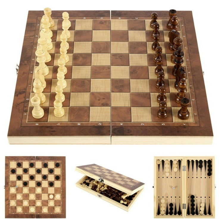 ชุดหมากรุกสากลไม้พับได้ 3 ใน 1 พร้อมหมากฮอสและแบ๊กเกมม่อน (Chess,Checker,Backgammon)