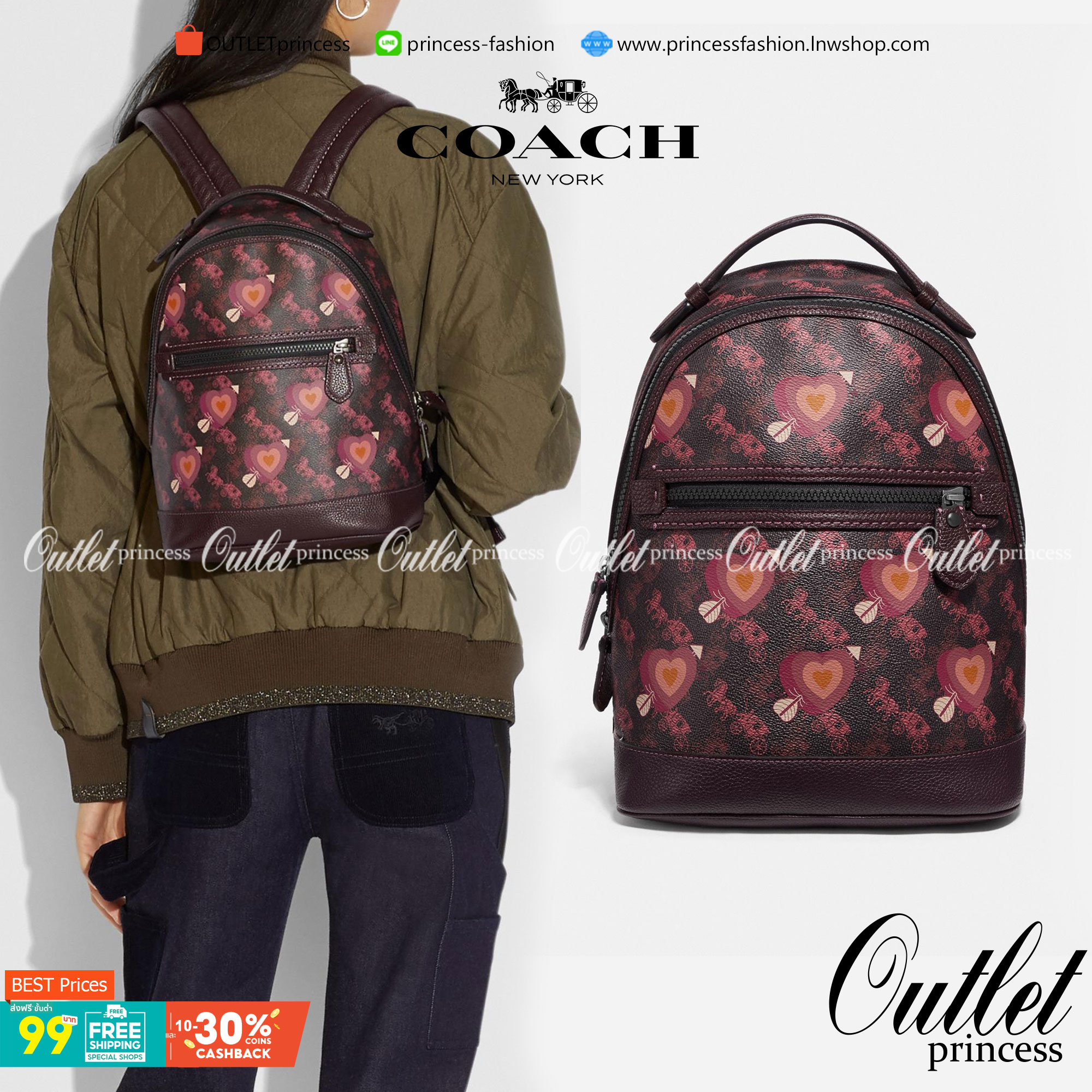 OUTLET 】COACH Barrow Backpack With Horse And Carriage Print And Hearts Oxblood (F79024) โดดเด่น ไม่จำเจ แถมใช้ดีไปอีก< 🌹สวยโดดเด่นอย่างลงตัว💃💃พลาดแล้ว พลาดเลยจ้ารอบนี้ // เป้รุ่นใหม่ canvas ผสมหนังแท้คุณภาพดี หนังนิ่มมือมากๆ ขนา