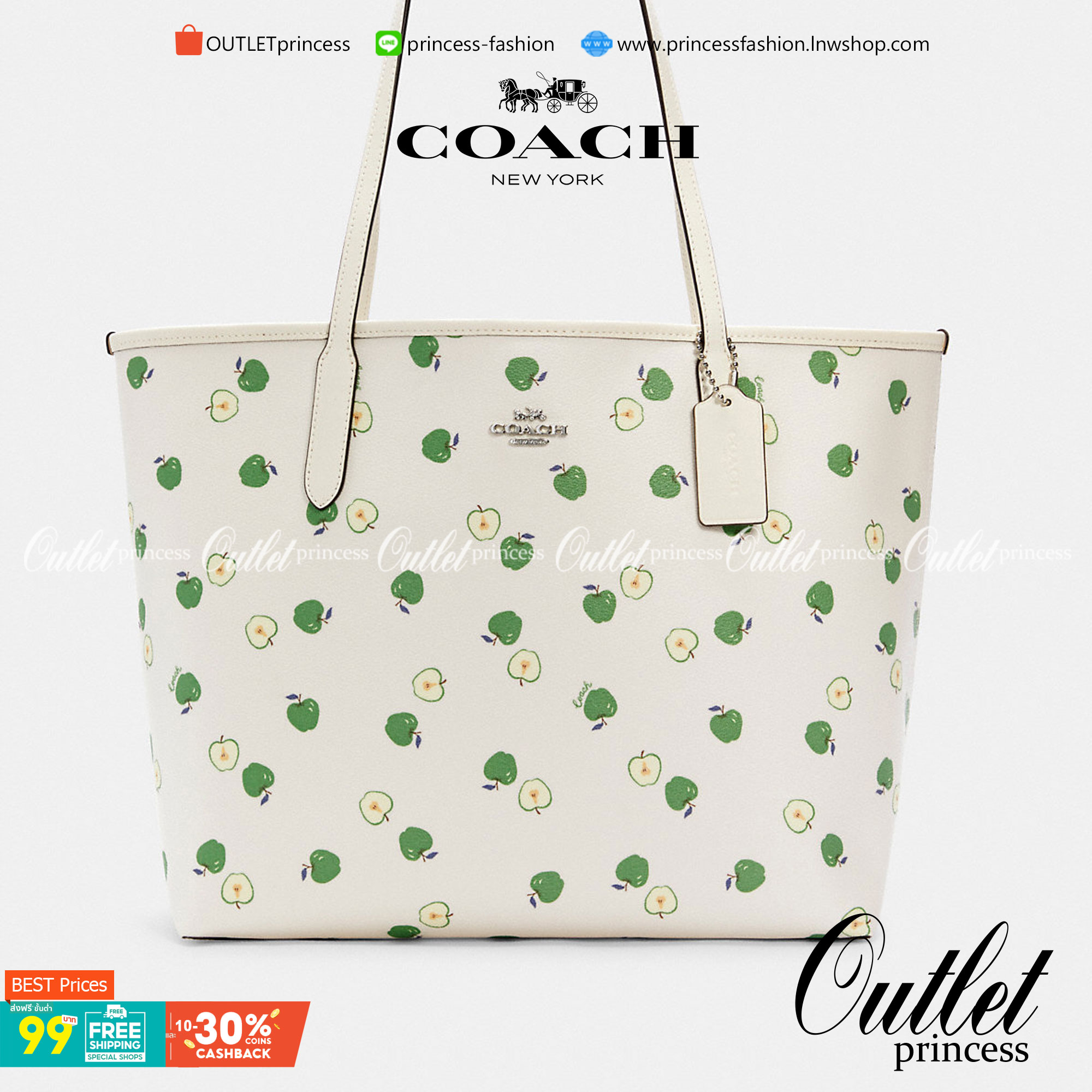 COACH C4119 CITY TOTE WITH APPLE PRINT แจกความน่ารักสดใส ด้วยเหล่าแอปเปิ้ลเขียวที่ยกมาทั้งสวน!! ดีไซน์ดึงดูดความสนใจได้ดีเลยทีเดียว กระเป๋าทรงช็อปปิ้งใบใหญ่ ที่จุยิ่งกว่าจุ!! ใส่เสื้อผ้าไปต่างจังหวัดยังได้ เพราะภายในโล่งกว้างมาก วัสดุหนังแคนวาสเคลือบลาย ท