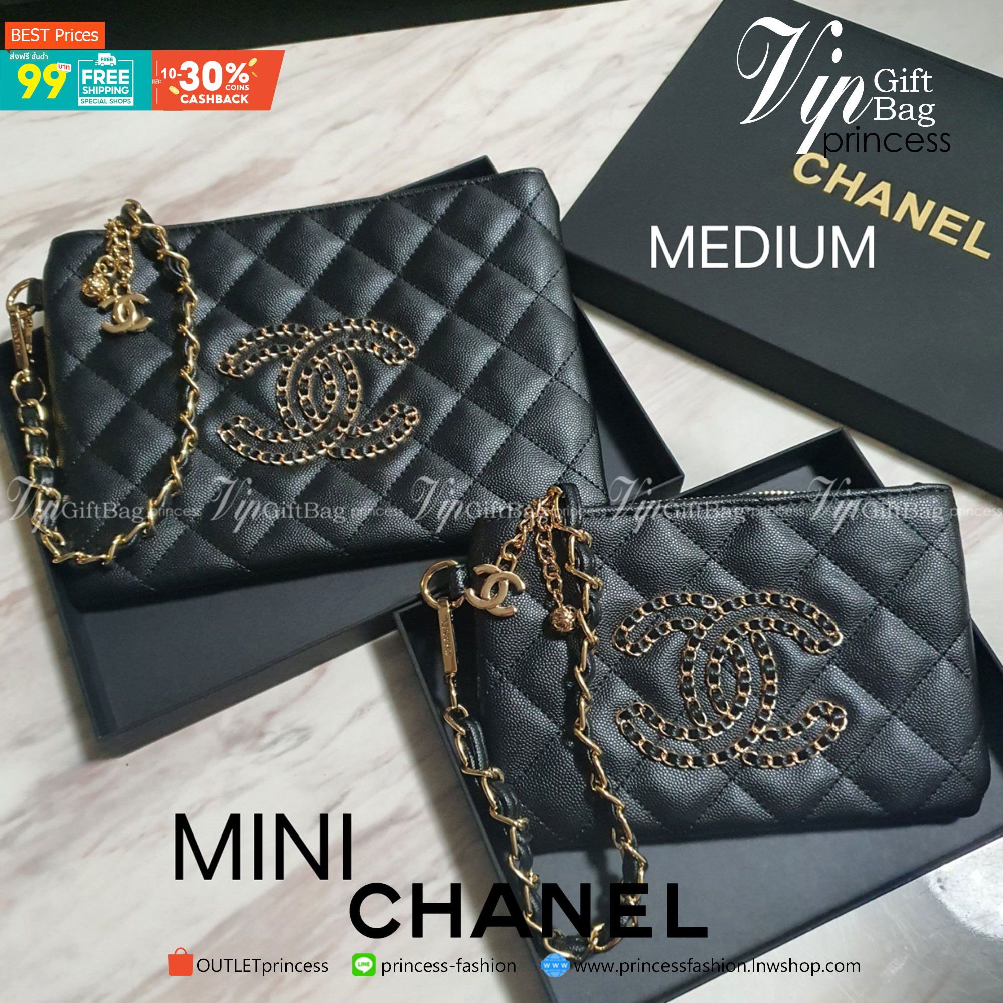 SIZE MINI พร้อมส่งรุ่นขายดี!!! Don't Miss! Chanel Clutch Bag VIP Gift With Purchase (GWP) กระเป๋าคลัชแบนหรือกระเป๋าสตางค์ GWP จาก Chanel Cosmetic Counter Duty free วัสดุหนังคาเวียร์สวยหรูเปิดปิดด้วยซิปสะดวกใช้ ด้านหน้าประดับโลโก้แบรนด์อะไหล่ทองและมี1