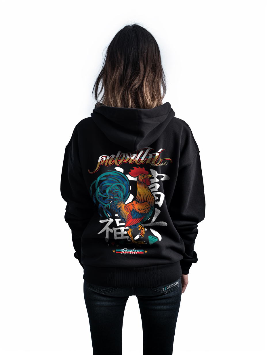 77design Hoodie เสื้อฮู้ดสีดำ คนชนไก่
