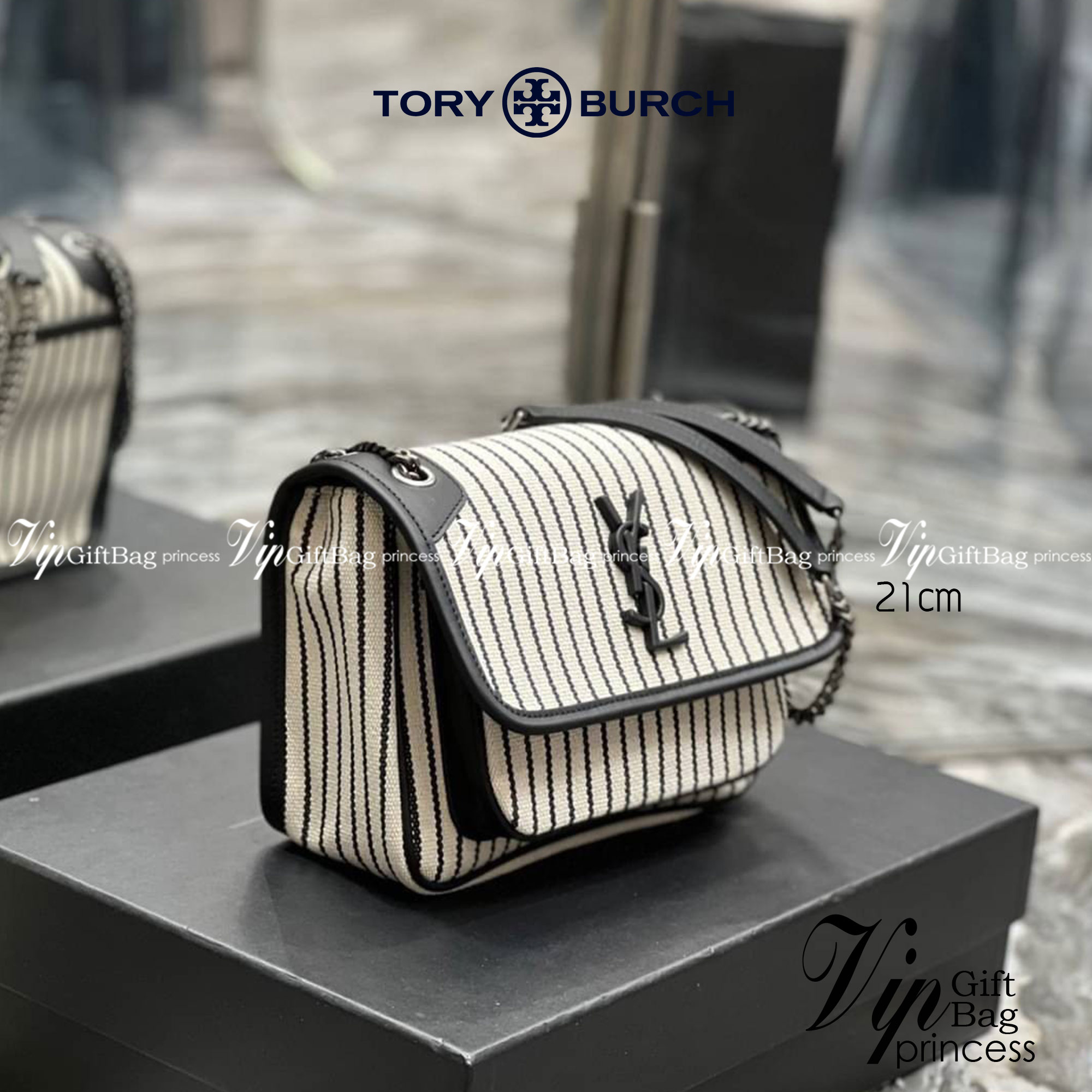 YSL Niki mini Striped Canvas Shoulder Bag / YSL Niki Striped เกรดเทพ ออริจินอล งานหนังแท้และผ้าแคนวาสอย่างดี ภาพถ่ายจากงานขายจริง ใช้งานต่างประเทศได้