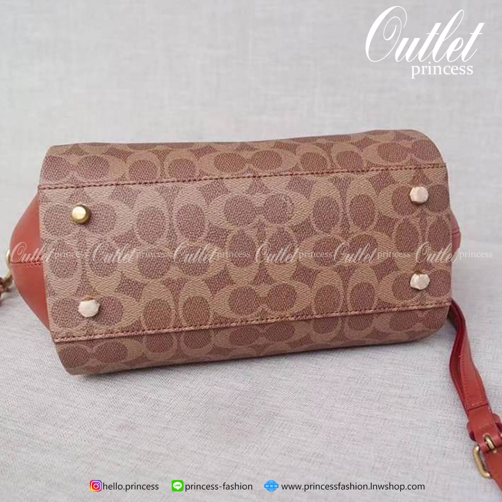 Coach Elise Satchel In Signature Canvas Product Details Signature coated canvas and refined calf leather Inside zip and snap pockets Zip-top closure, fabric lining Handles with 4 1/2" drop Outside zip pocket