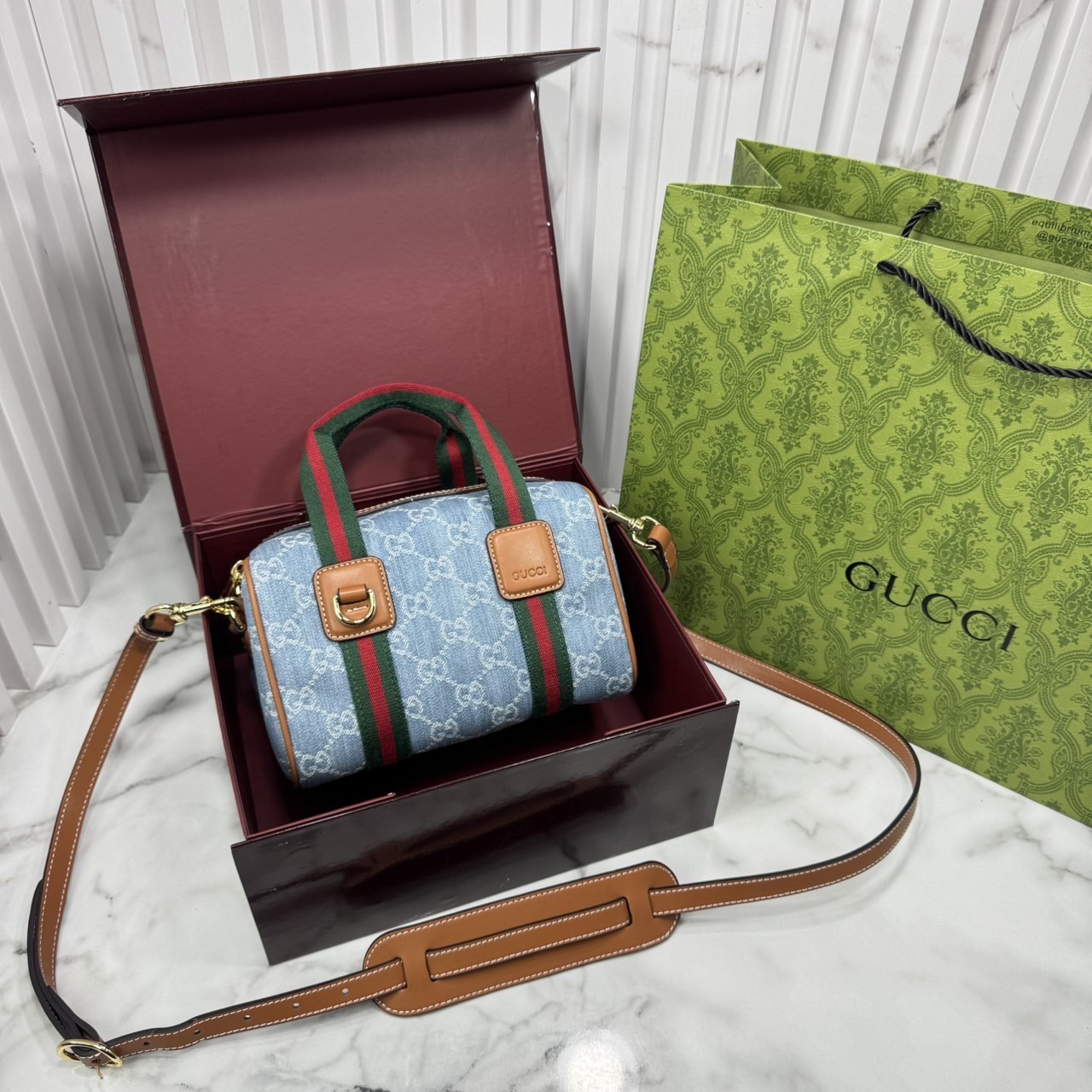 ORI หนังแท้ | Gucci Mini GG handbag denim กระเป๋าสะพายทรงหมอนไซส์มินิ คอลใหม่ดีไซน์เดนิมสวยมาก ตีความรูปทรงกระเป๋าบอสตันโฉมใหม่