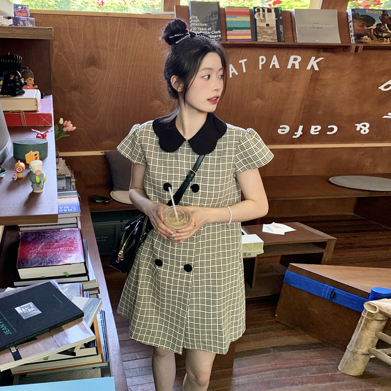 พร้อมส่ง 🎈🧧 Kids forever dress เดรสลายตารางแต่งคอดำ (IN37584)