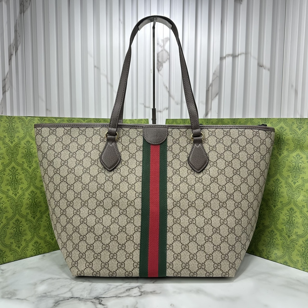 ORI หนังแท้ | Gucci Ophidia medium tote bag GG Monogram Double G / Gucci Tote Bag กระเป๋าสะพายทรงโท้ทใบใหญ่ ภายในโล่งกว้างจุของได้เยอะ
