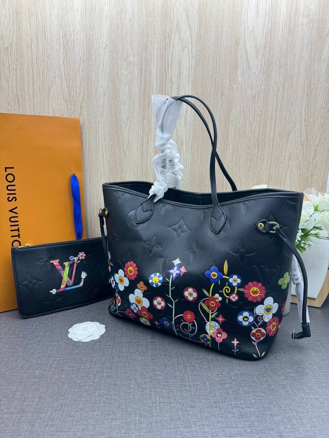 ORI หนังแท้ | LV x TM Neverfull MM Monogram Flower motifs colorful Black / LV Tote Bag กระเป๋าสะพายทรงโท้ทใบใหญ่ ลายดอกไม้หลากสีสดใส