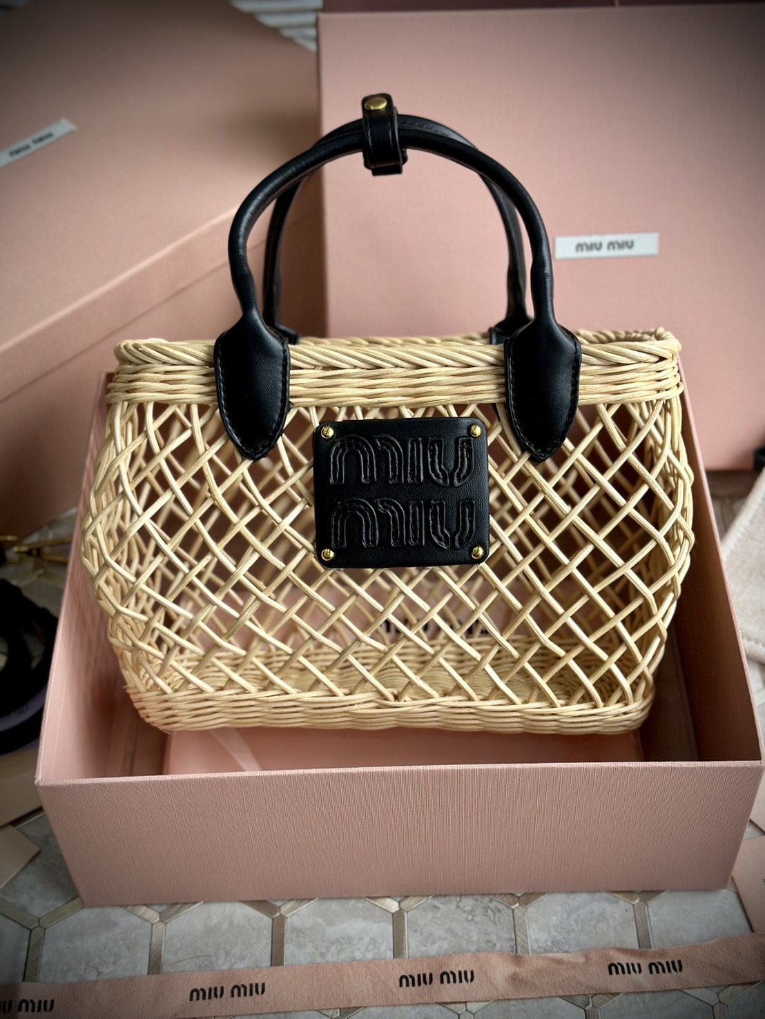 Miu Miu Woven fabric handbag with leather trim กระเป๋าสานดีไซส์ย้อนยุค
