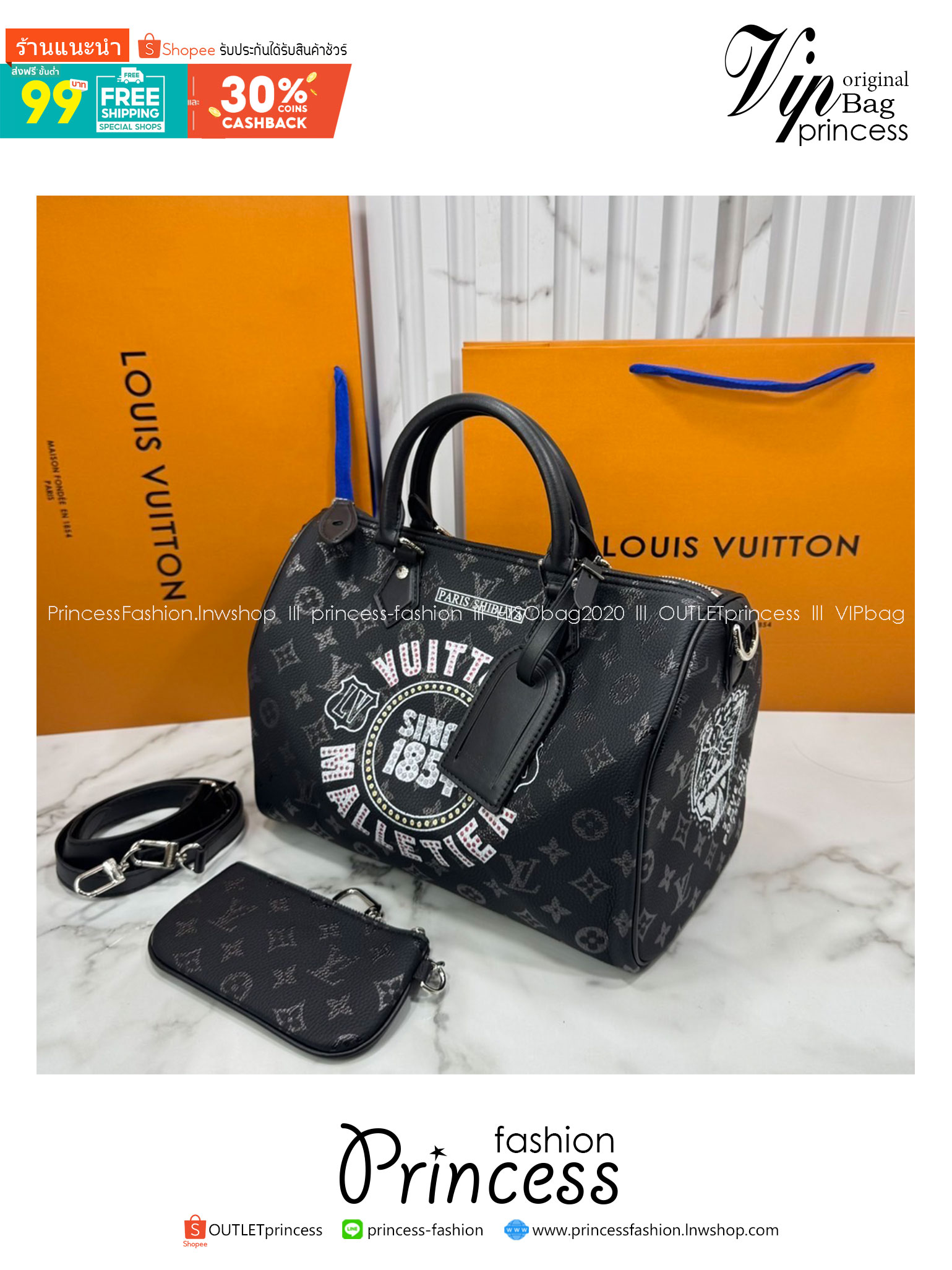 ORI หนังแท้ | LV Speedy P9 Bandoulière 30 Jackets กระเป๋าสะพายทรงหมอนสปีดี้ หนังสีดำสะท้อนถึงสไตล์ร็อค ประดับด้วยคริสตัล Swarovski® สีแดงอันโดดเด่น