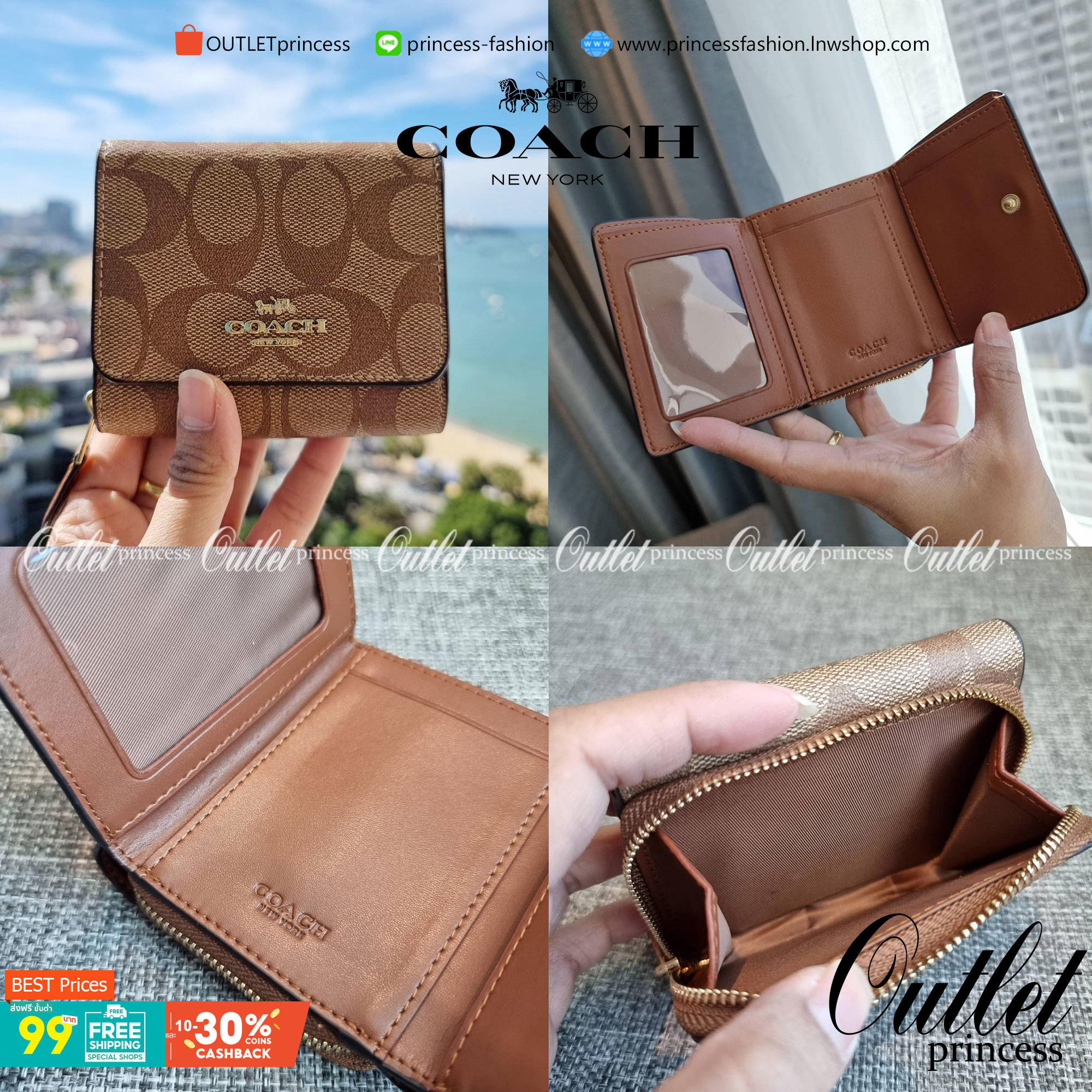 OUTLET 】COACH F41302 SMALL TRIFOLD WALLET IN SIGNATURE CANVAS สวยคลาสสิค พกพาง่าย ใบเล็กน่ารักน่าใช้ ต้องยกให้ใบนี้จ้า 💗💋 ตอบโจทย์คนชอบพกน้อยที่สุด!! กระเป๋าสตางค์ใบสั้นหนังแคนวาสเคลือบคุณภาพดี ภายในเป็นหนังแท้ ใส่บัตร ใส่ธนบัตรได้ทุกชนิด 