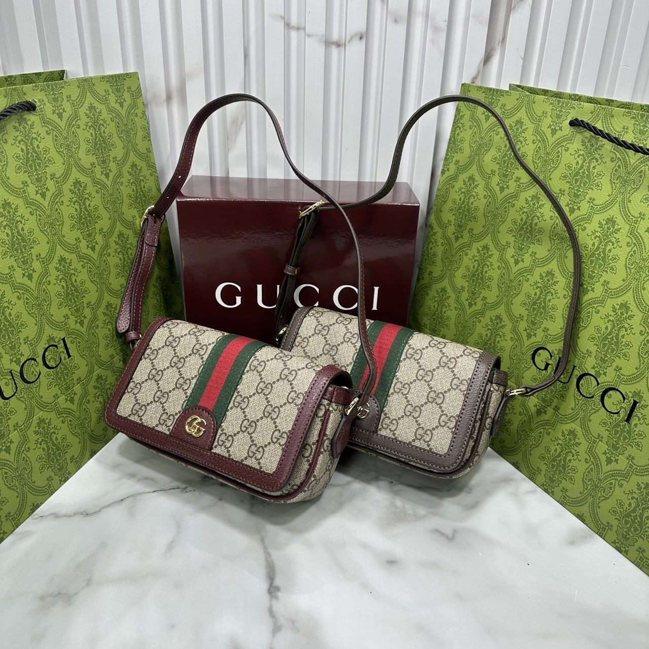 ORI หนังแท้ | Gucci Ophidia mini shoulder bag Monogram Double G / Gucci Crossbody Bag กระเป๋าสะพาย คอลเล็กชั่น Ophidia มอบชีวิตชีวาให้กับมรดกของแบรนด์ด้วยแถบ Web