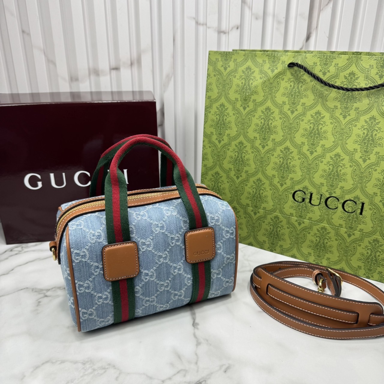 ORI หนังแท้ | Gucci Mini GG handbag denim กระเป๋าสะพายทรงหมอนไซส์มินิ คอลใหม่ดีไซน์เดนิมสวยมาก ตีความรูปทรงกระเป๋าบอสตันโฉมใหม่