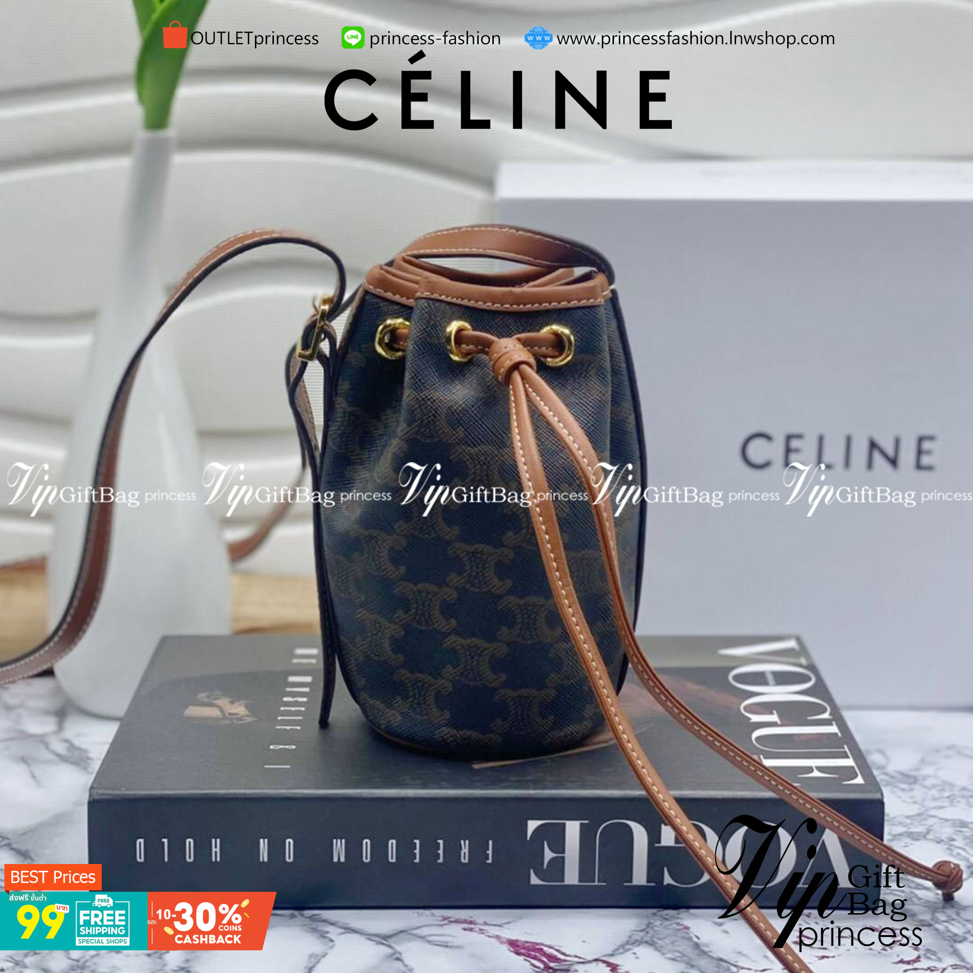 VIP 】หนังแท้ CELINE MINI DRAWSTRING BAG IN TRIOMPHE CANVAS AND CALFSKIN กระเป๋าทรงบัคเก็ตขนาดมินิน่ารัก ในรุ่นนี้ได้รับคำชื่นชมจากแฟชั่นกูรูทั้งหลาย เนื่องจากมีรูปทรงที่สุดแสนจะเรียบง่าย มีช่องใส่ของที่กว้าง ตัวกระเป๋าเป็นแบบหูรูด ช่วยให้เปิด-ปิดง่าย สะดว