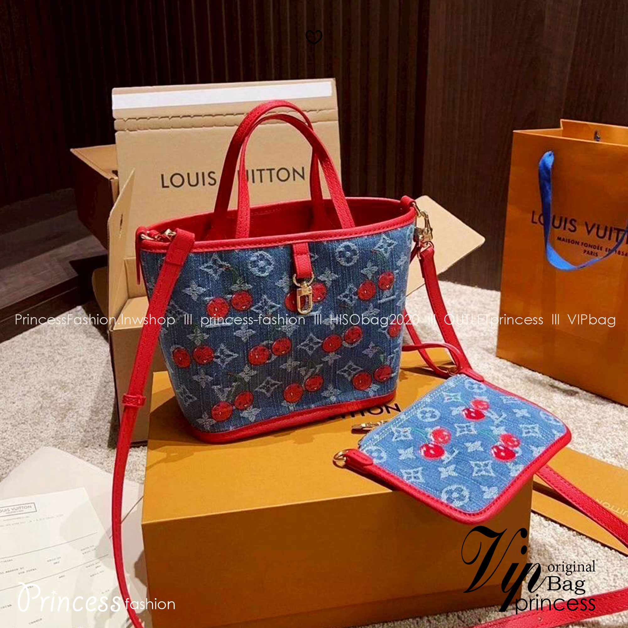 LV x TM Neverfull Inside Out BB Monogram cherry denim 20cm กระเป๋าสะพายทรงโท้ทพร้อมใบเล็กเข้าเซ็ท โดดเด่นมีชีวิตชีวา ด้วยเดนิมวินเทจปักลายเชอร์รี่สีสันสดใสสะดุดตาสะท้อนสไตล์ไอคอนิก