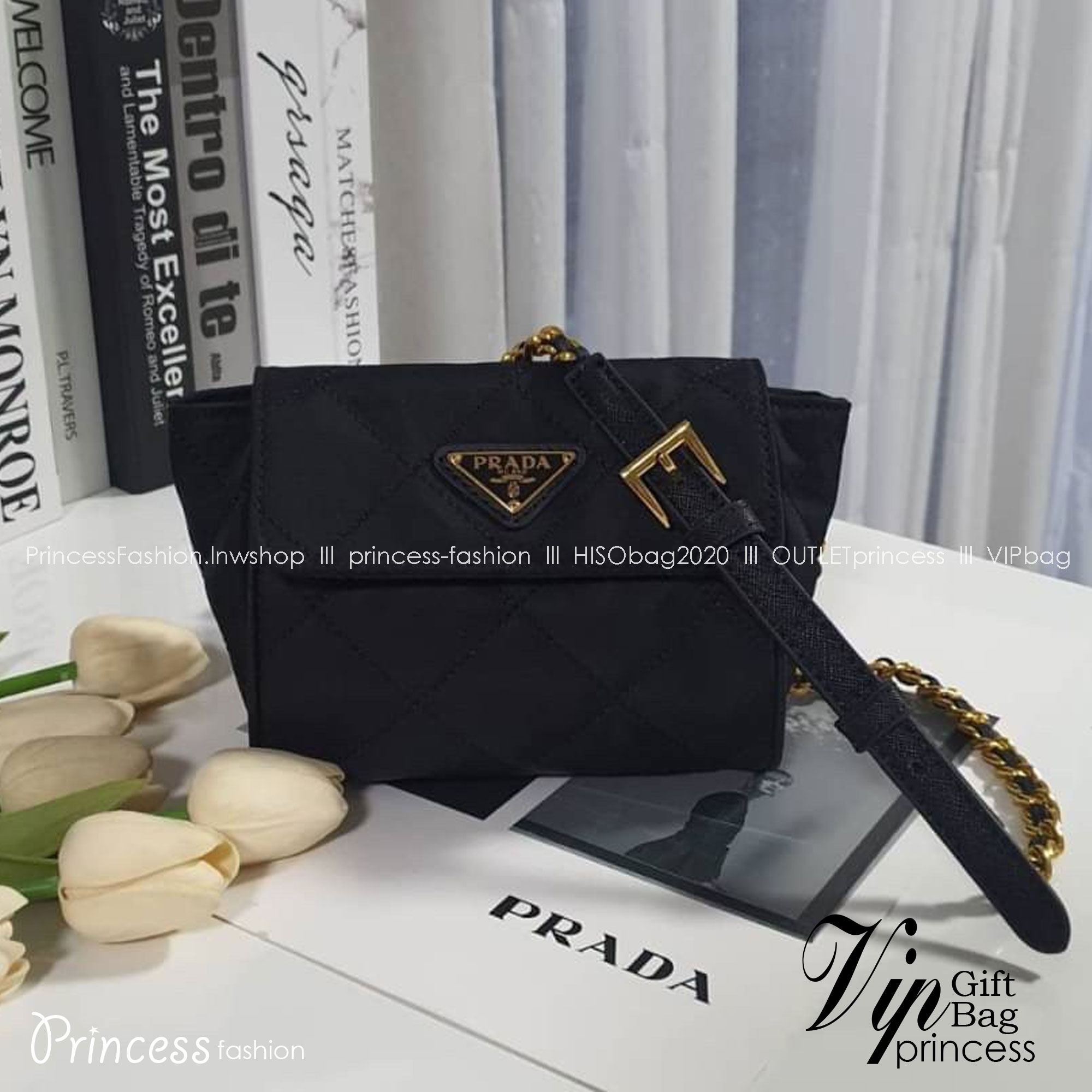 PRADA SHOULDER BAG / Prada Metal chain Quilted Waist Pouch กระเป๋าไนล่อนเย็บเป็นลายตาราง ดูหรูหราใบเล็กน่ารัก ด้านในโล่ง มี 1 ช่องซิป ซับในด้วยผ้าพิมพ์ลายแบรนด์