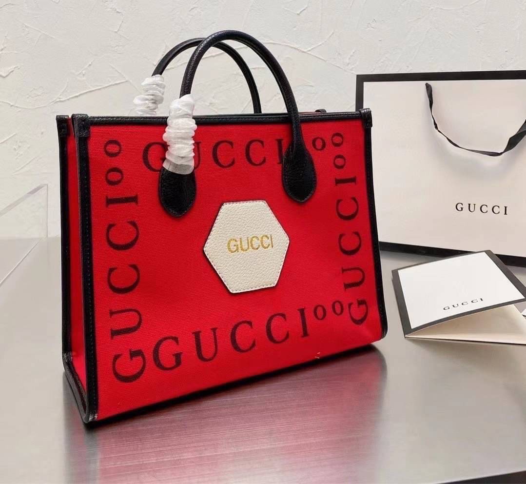 VIP 】Gucci 100 small tote bag Hibiscus red felt with Gucc100 print Black leather พร้อมส่งที่ไทย