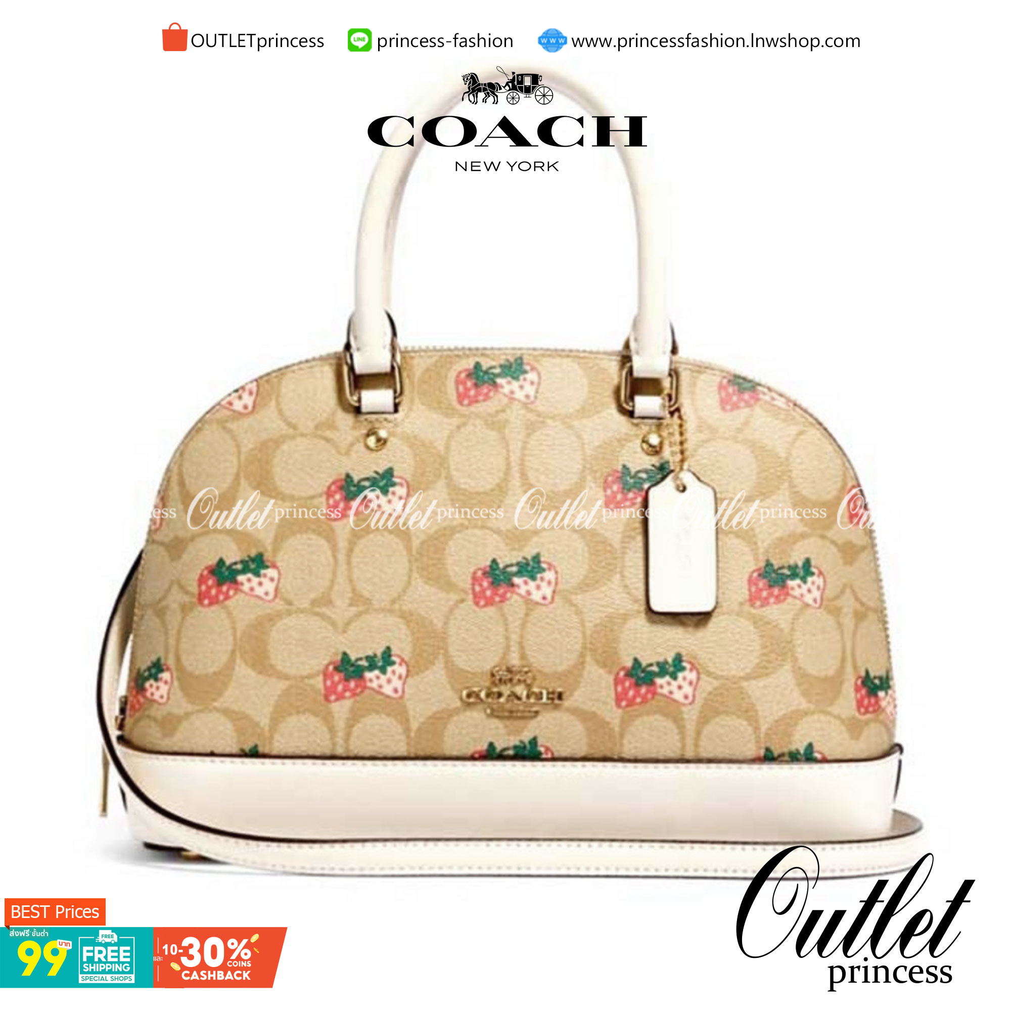 COACH 91514 MINI SIERRA SATCHEL IN SIGNATURE CANVAS WITH STRAWBERRY PRINT สายคุณหนูมารวมตัวกันตรงนี้เลยจ้า!! ละมุนกว่านี้ไม่มีแล้ว กับกระเป๋าทรงโดมสุดคลาสสิค เพิ่มดีเทลลูกเล่นลายสตรอเบอรี่ ให้มีความคิ้วท์แบบไม่เยอะเกินไป ลงตัวพอดี มาพร้อมหูจับในตัวและสายส