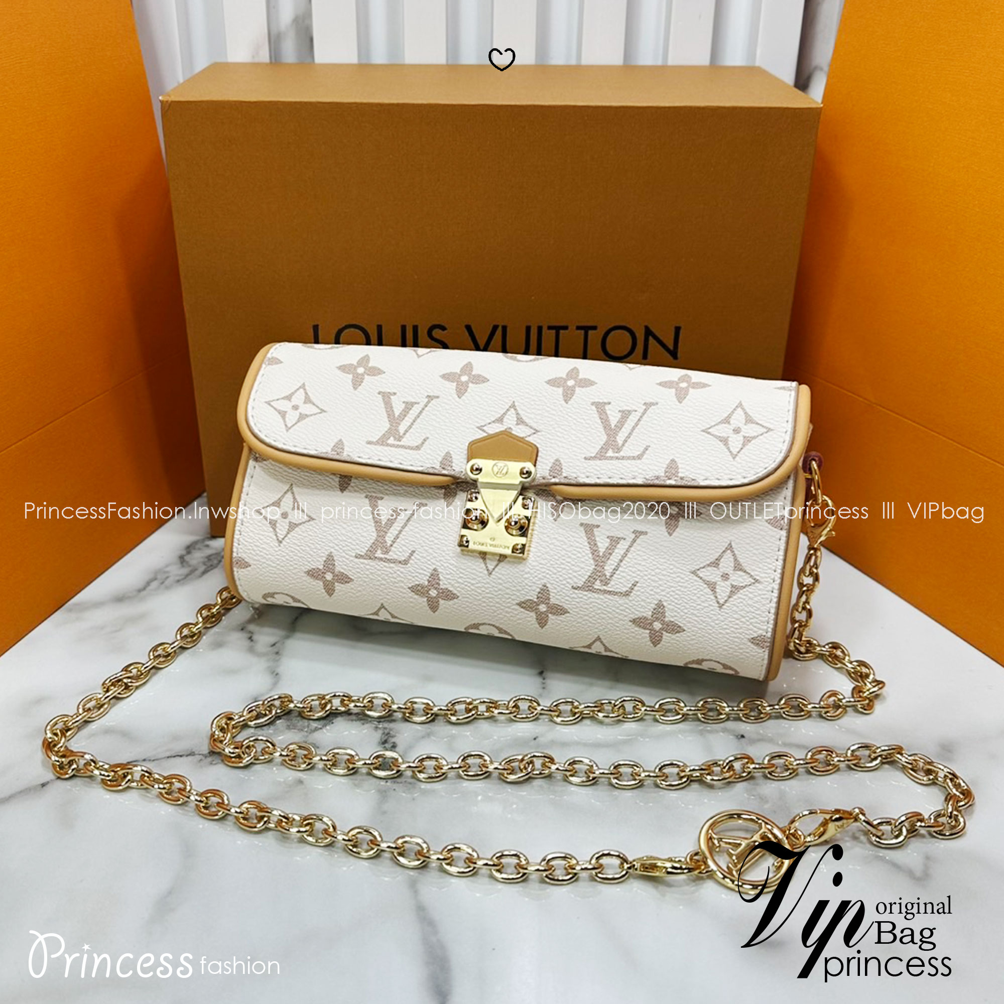 ORI หนังแท้ | LV Pochette Camille bag Monogram Dune Canvas กระเป๋าสะพายทรงพอส สายโซ่สีทองสวยงามหรูหรา ตกแต่งตัวล็อกแบบ S lock สีทองเข้ากันลงตัวกับสายโซ่ถอดได้