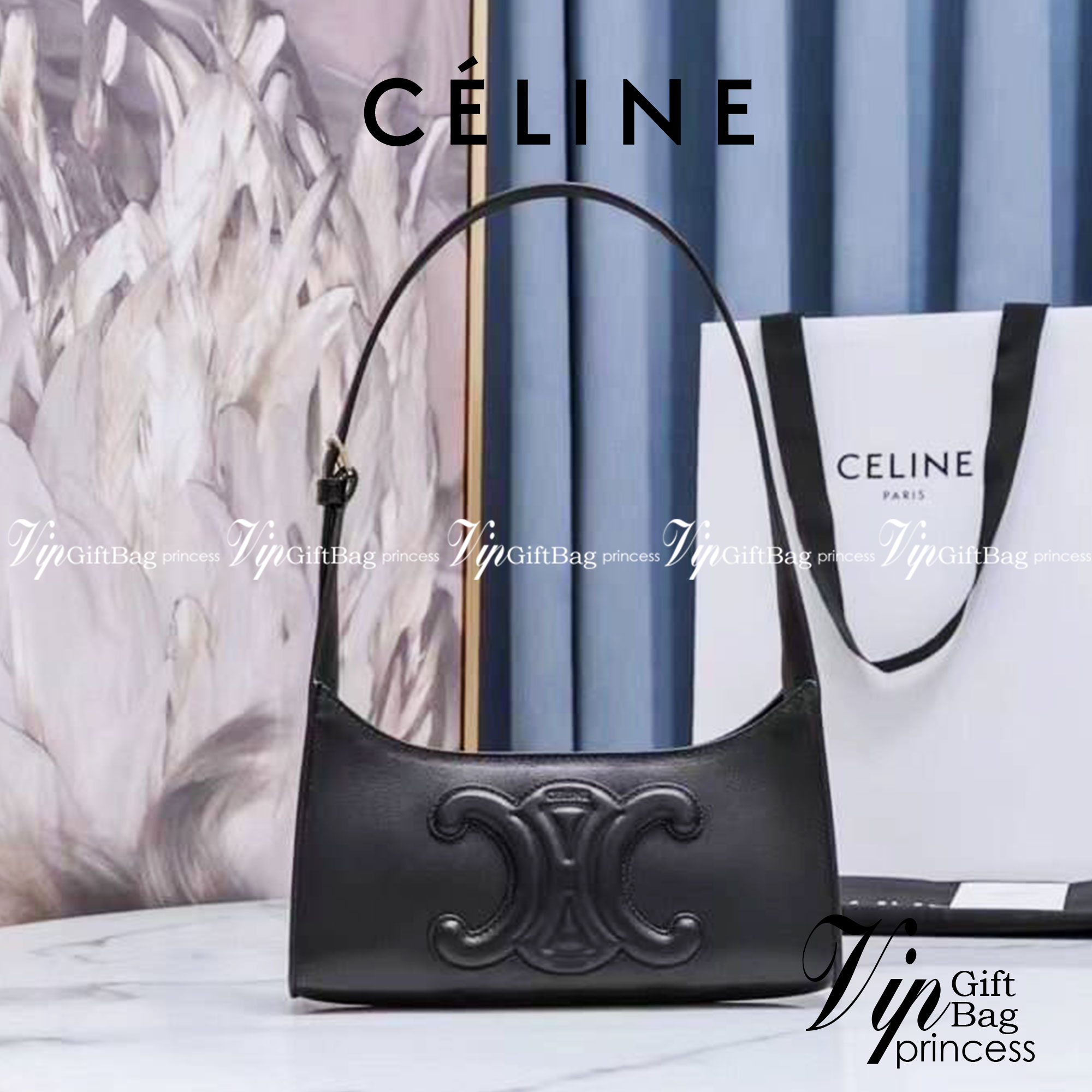หนังแท้ CELINE SHOULDER BAG CUIR TRIOMPHE IN SMOOTH CALFSKIN ภาพสินค้าถ่ายจากงานขายจริง ใช้งานต่างประเทศได้