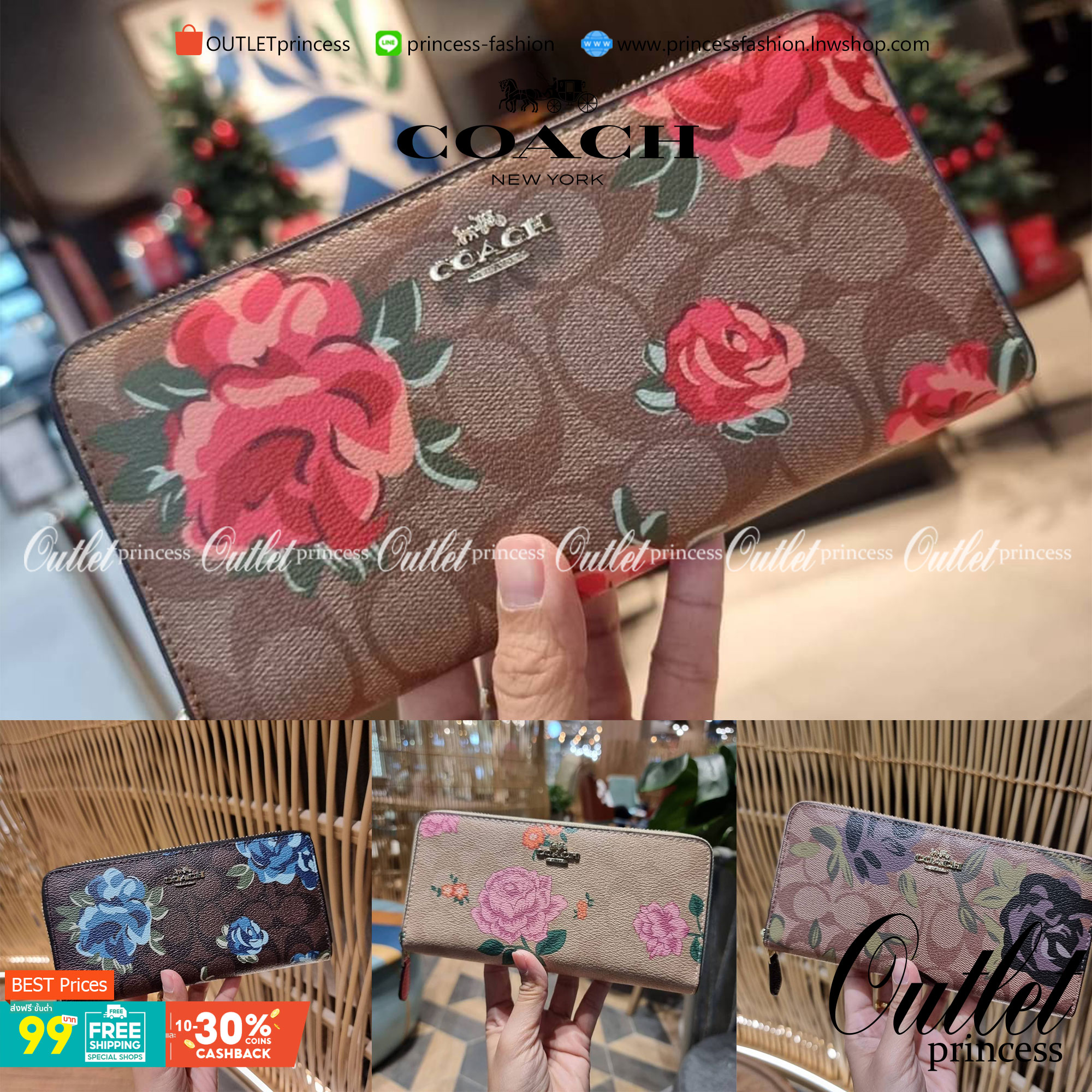COACH ACCORDION ZIP WALLET IN SIGNATURE CANVAS WITH PRAIRIE ROSE / JUMBO FLORAL / CAMO ROSE FLORAL / MEDLEY BOUQUET PRINT ((F31572/F39189/F26290/F2859)) สวยคลาสสิคไม่มีใครเกิน!! กระเป๋าสตางค์ใบยาว ลวดลายสวย สีสันโดดเด่น วัสดุหนังแคนวาสเคลือบ เปิด-ปิดด้วยซ