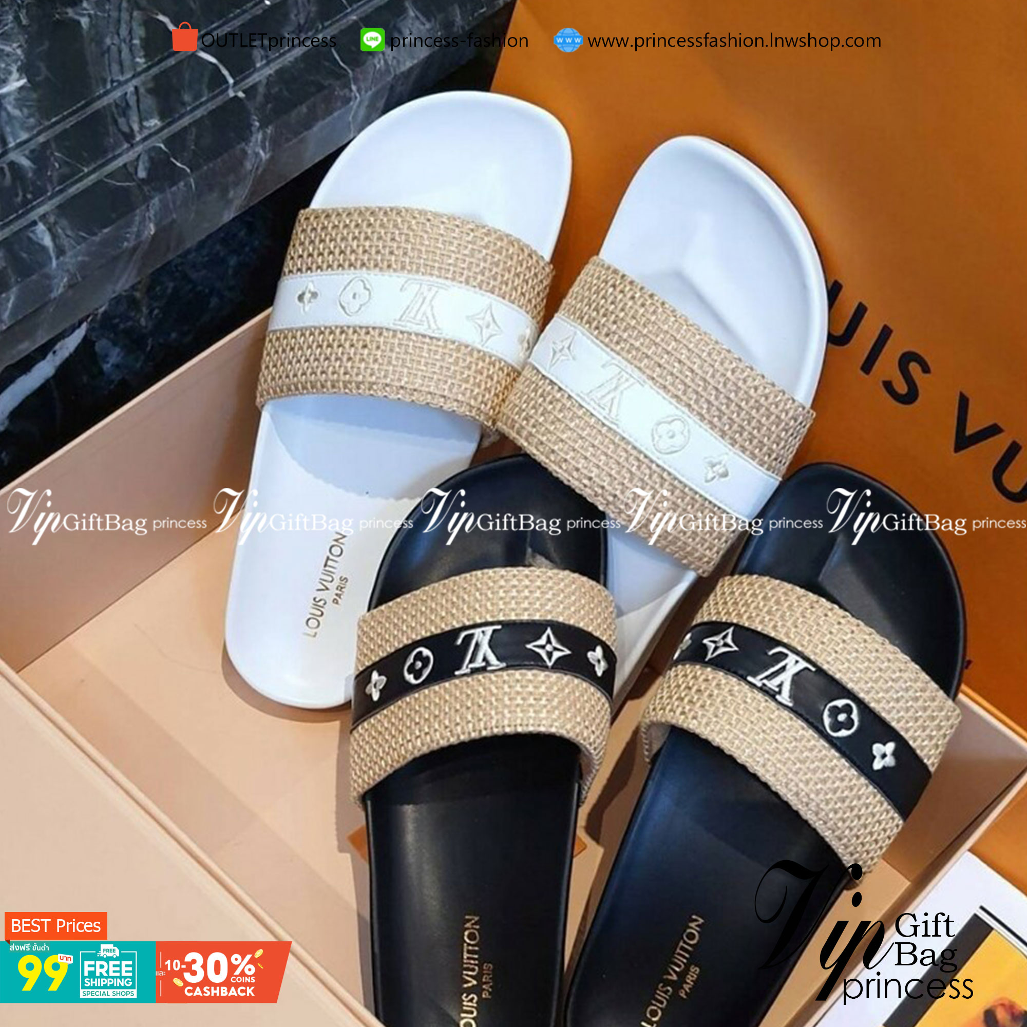 Louis Vuitton แตะสวม สวยเก๋ ใส่สบาย วัสดุผ้ากระสอบ คาดลาย LV นุ่มใส่สบาย ยางร่องบุ๋ม ใส่กระชับเท้า แมทส์ชุดง่าย น้ำหนักเบา