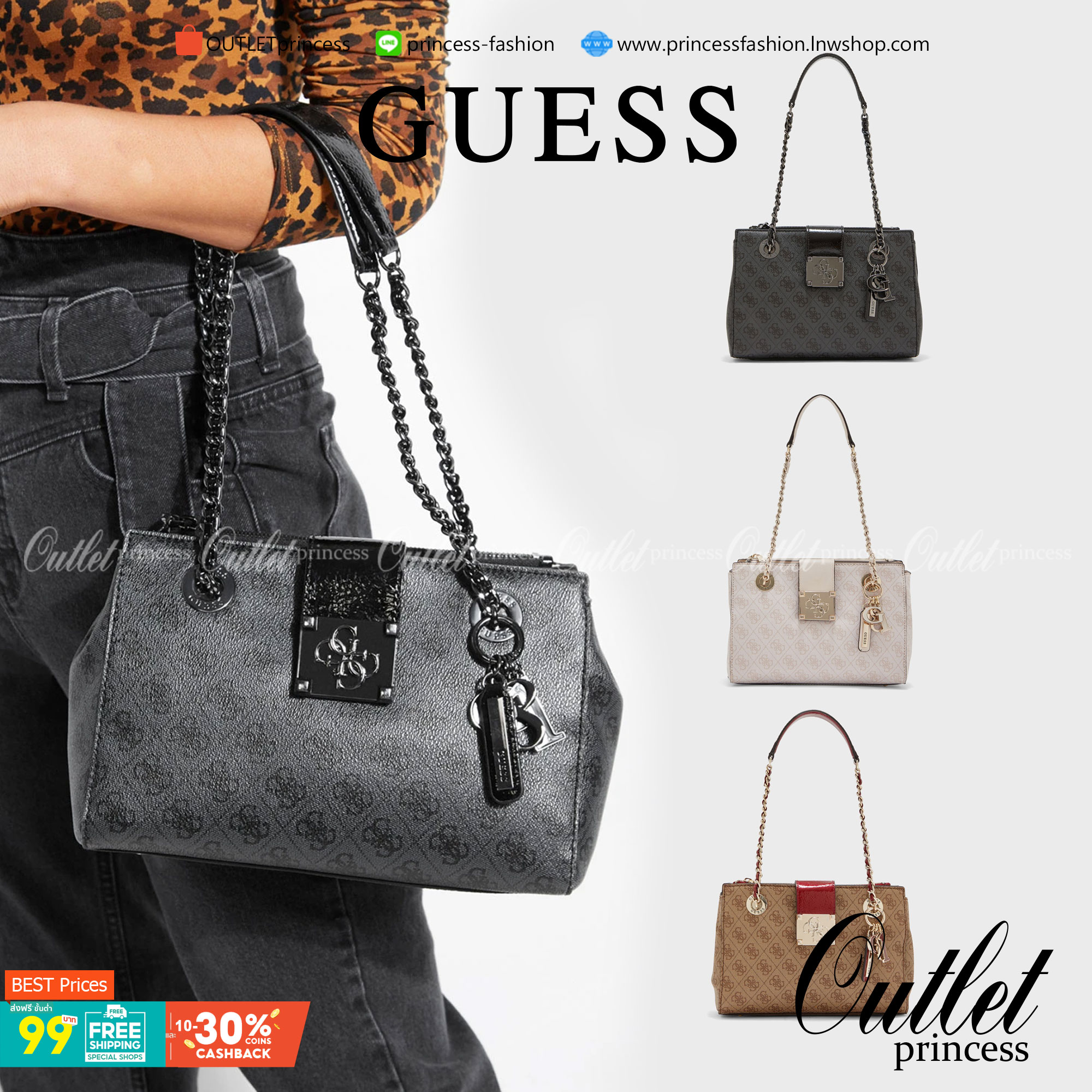 กระเป๋าสะพายไหล่ Guess Logo City Small Society Satchel กระเป๋าสะพายไหล่ ขนาดกำลังดี วัสดุ pu สวยอยู่ทรง มาพร้อมพวงกุญแจน่ารักๆ ถอดออกได้ ด้านหน้าประดับโลโก้แบรนด์ เปิดปิดด้วยซิป มี 2 ช่องหลักใช้งาน ภายในช่องซิปหน้าแยกเป็นสัดส่วนการใช้งาน ซิปช่อง 2 โล่งกว้