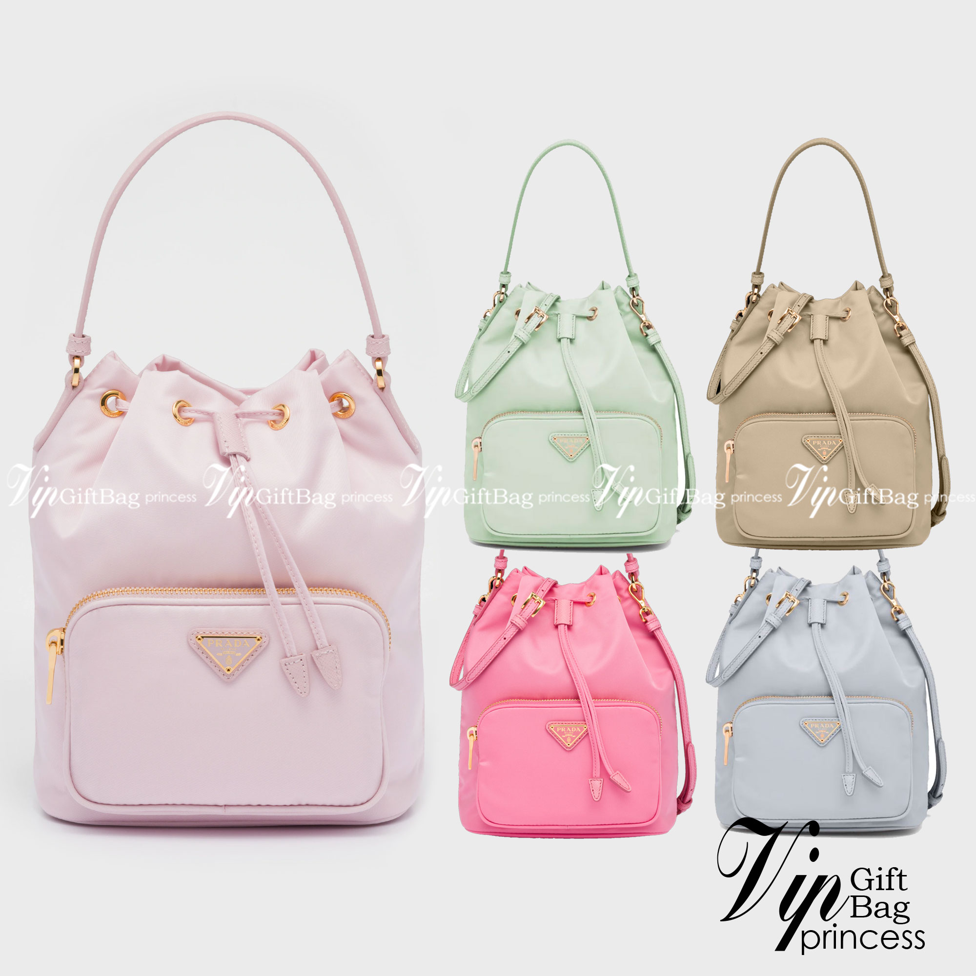 Prada Duet Re-Nylon Bucket shoulder bag / Prada Nylon bucket bag Pastel เกรดใช้สลับใบจริง ออริจินอล ใช้งานต่างประเทศได้ น้องสาวสุดสวยมาให้จับจองอีกหนึ่ง สีพาสเทลน่ารักละมุนมากๆ ค่ะ กระเป๋าสะพายข้าง ทรงขนมจีบ ไซส์มินิ ขนาดน่ารักน่าใช้มาก วัสดุขอบหนังแท้ แล
