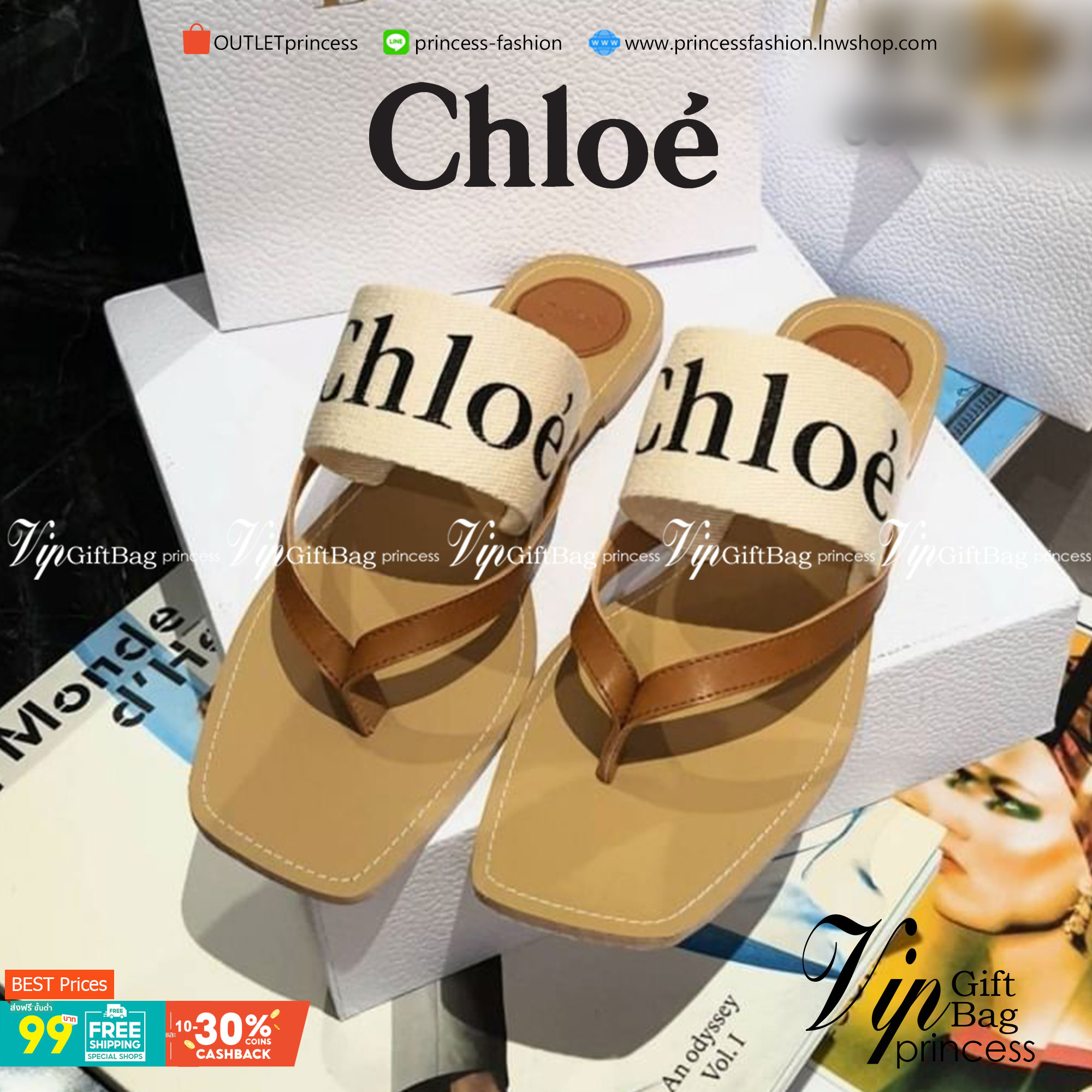 Chloe Sandals แตะหนีบ คาดว่าแคนวาสตีแบรนด์ แมทส์ชุดง่าย น้ำหนักเบา