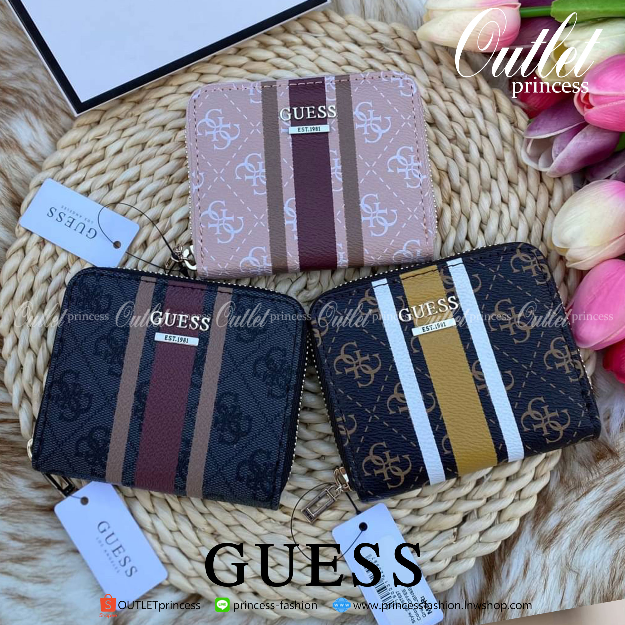 Guess wallet กระเป๋าสตางค์ใบสั้นซิปรอบทั้งใบ หนังลายแบรนด์ทั้งใบด้านหน้าติดโลหะโลโก้แบรนด์ หนังดีงามมาก