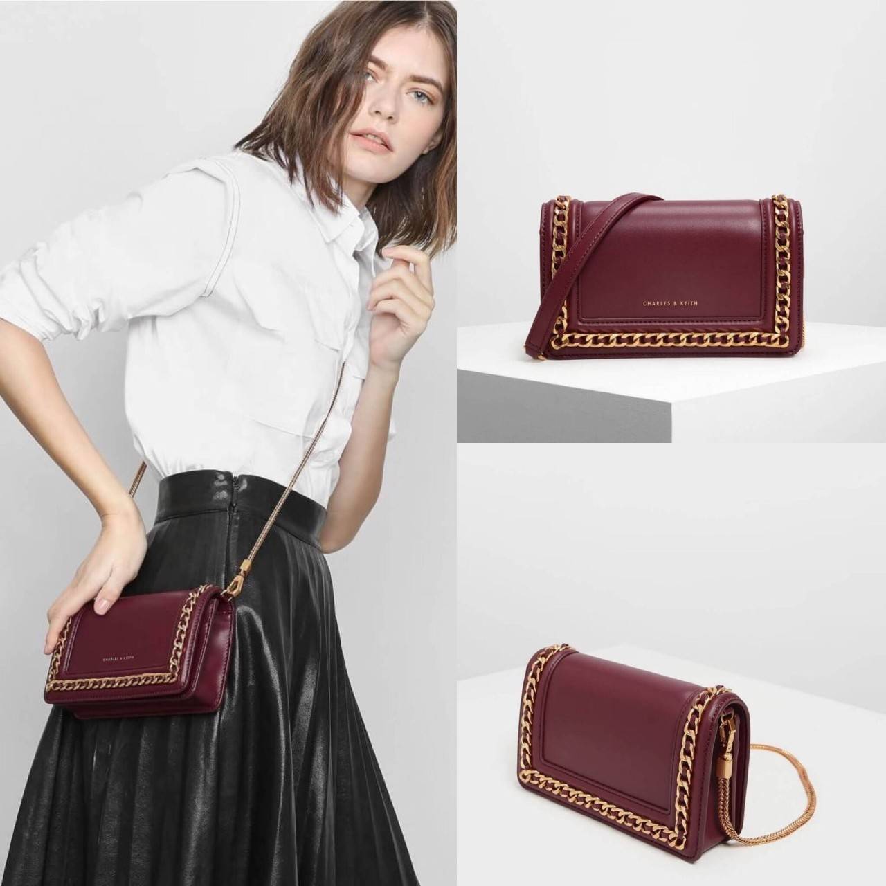 New Collection 2019! CHARLES & KEITH CHAIN RIMMED CLUTCH กระเป๋าสะพายคอลเลคชั่นใหม่ แต่งโซ่รอบกระเป๋าสีทองสวยหรูมากๆ ด้านหน้าปั๊มโลโก้แบรนด์ เปิดปิดด้วยกระดุมแม่เหล็ก ด้านในมีช่องด้านหน้า ช่องใหญ่และช่องซิป 1 ช่อง สามารถใส่โทรศัพท์ iPhone plus ได้ค่า และย