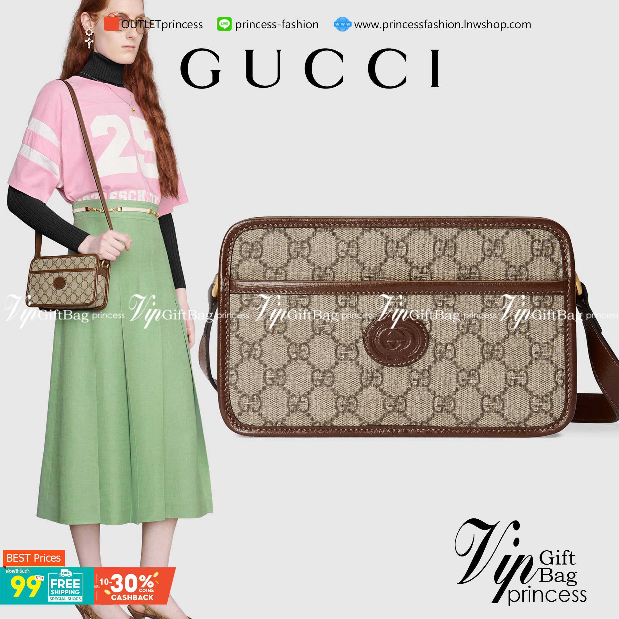 VIP 】หนังแท้ GUCCI Mini Bag With Interlocking G In GG Supreme And Brown Leather พร้อมส่งที่ไทย กระเป๋าสะพายดีไซน์สวย ใช้ได้ทั้งชายหญิง คลาสสิคและน่ารักในตัว ใช้งานง่าย ใช้ได้หลายโอกาส งานหนังแท้ สวยมากค่ะ