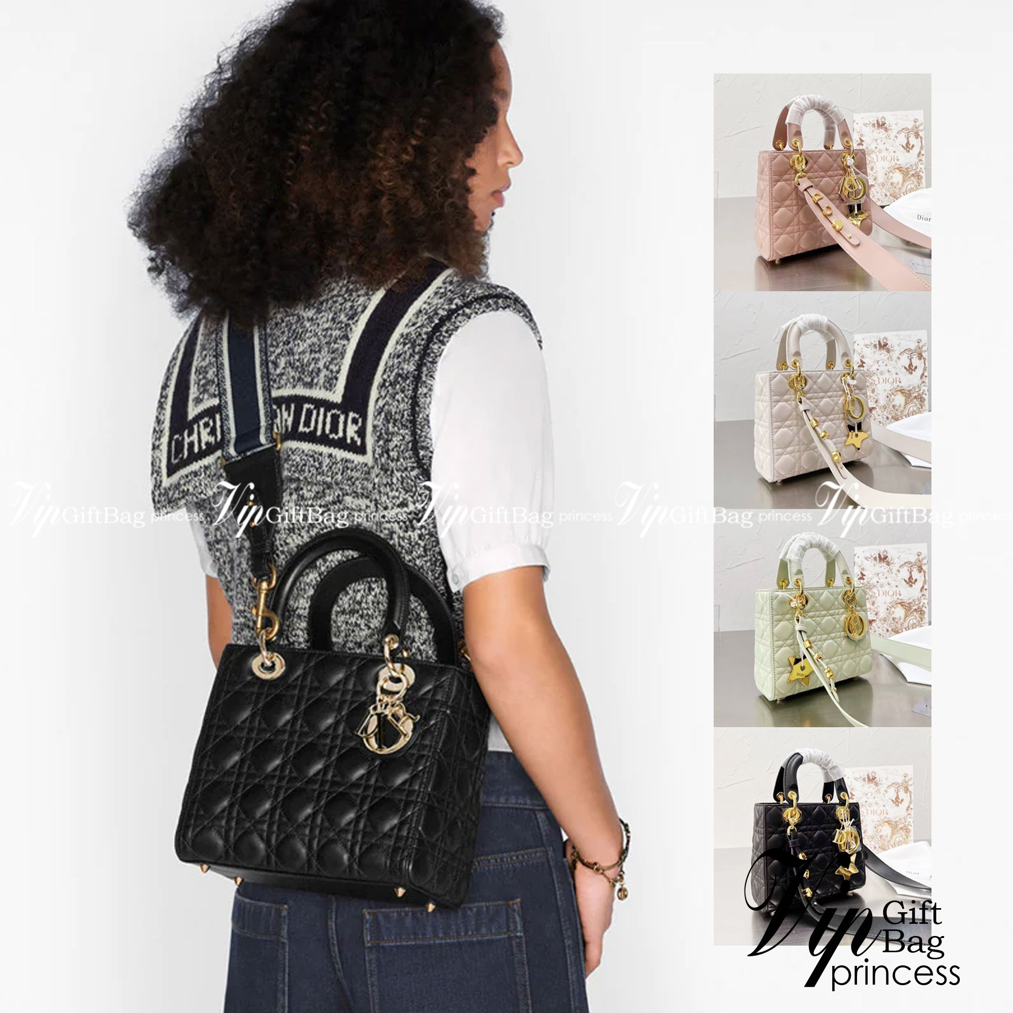 DIOR Lady / Small Lady Dior Bag Cannage Lambskin กระเป๋าสุดไอคอนิก รูปทรงสีเหลียม ขนาดกระทัดรัด ตั้งอยู่ทรง ฐานกระเป๋าแข็งแรง มีหมุดรองฐาน ดีไซน์เอกลักษณ์เฉพาะตัว ด้านหน้าตกแต่งด้วยตัวอักษร D.I.R ห้อยเป็นพวงกุญแจ จะถือหรือสะพายไหล่ก็ดูดีมากๆ ค่ะ