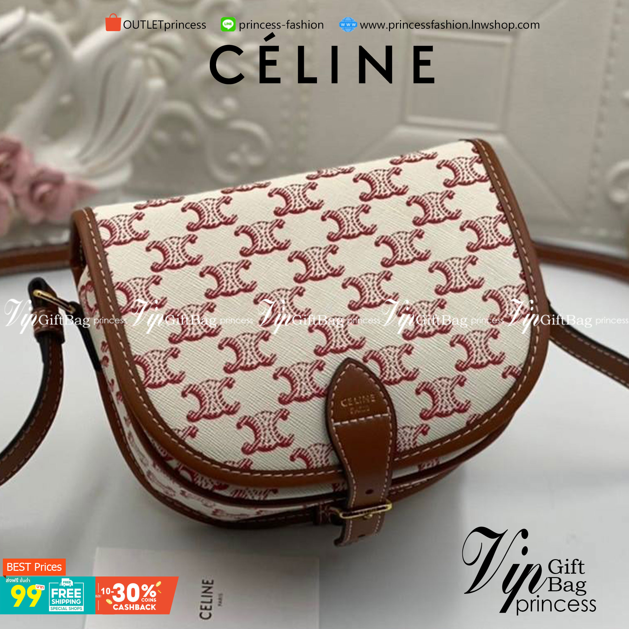 VIP GIFT 】หนังแท้ Celine Women Medium Folco Bag in Triomphe Canvas and Calfskin หากใครที่กำลังมองหากระเป๋าสะพายข้าง ขนาดกะทัดรัด และเรียบหรู ต้องใบนี้เลยค่ะ เป็นกระเป๋าเปิดปิดแบบแบบฝาผับที่มีรูปทรงโค้งและที่ล็อกรูปทรงคล้ายเข็มขัด อีกทั้งยังสะท้อนความสวยสไ