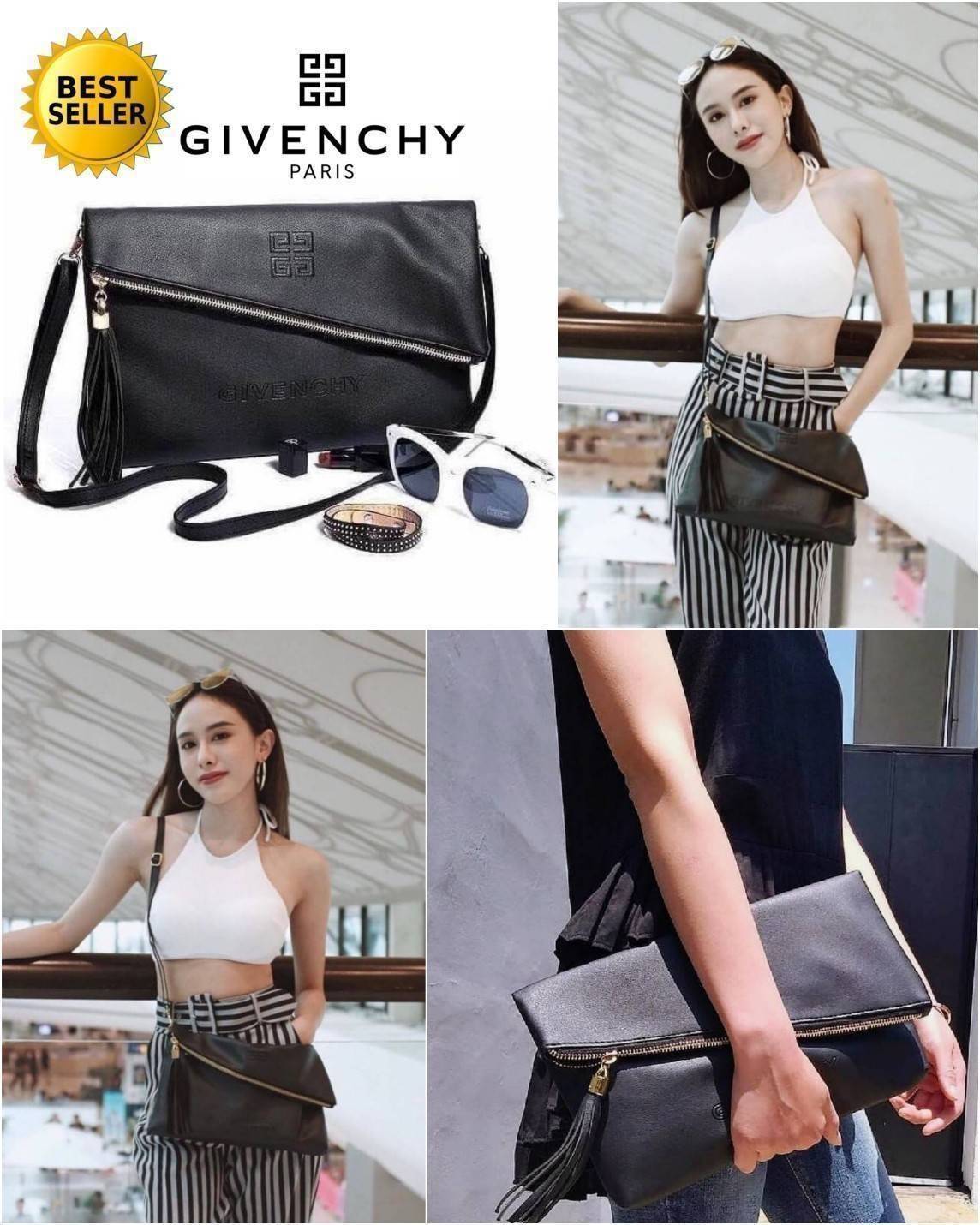Givenchy Parfums Black Leather Clutch Gift With Purchasd From Givenchy Counter (GWP) กระเป๋าสะพายหนังนิ่มเรียบสีดำเเบบสวยดูดี เปิดปิดด้วยซิปอะไหล่ทอง หัวซิปประดับพู่ ด้านหน้ามีโลโก้ ภายในมีช่องเล็ก รุ่นนี้ใส่ ipad กระเป๋าสตางค์ มือถือ ของจุกจิกได้เยอะ ซับ