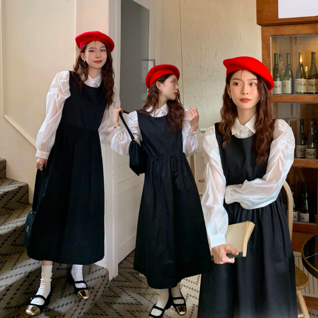 พร้อมส่ง 🎈🦖 Alia shirt & dress เสื้อเชิ้ตสีขาวแขนยาว เดรสสายเดี่ยวสีดำผ้ากำมะหยี่ (แยกชิ้น) (IN38206)
