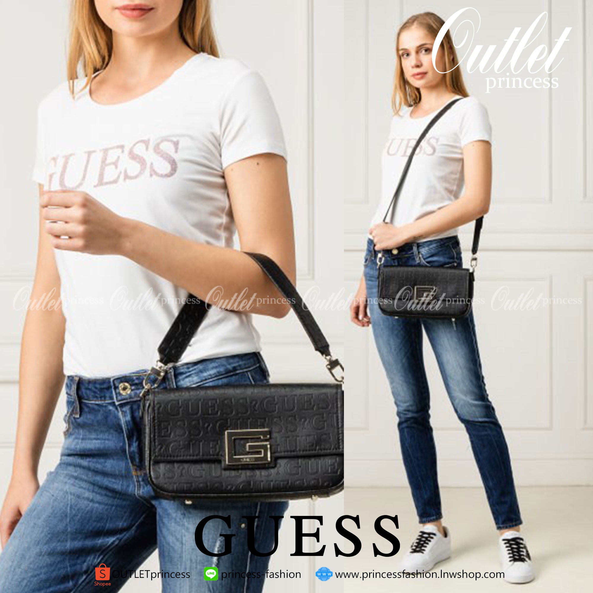 ของแท้ GUESS Brightside Debossed Logo Shoulder Bag กระเป๋าสะพายไหล่-ครอสบอดี้ ใช้ได้หลายสไตล์
