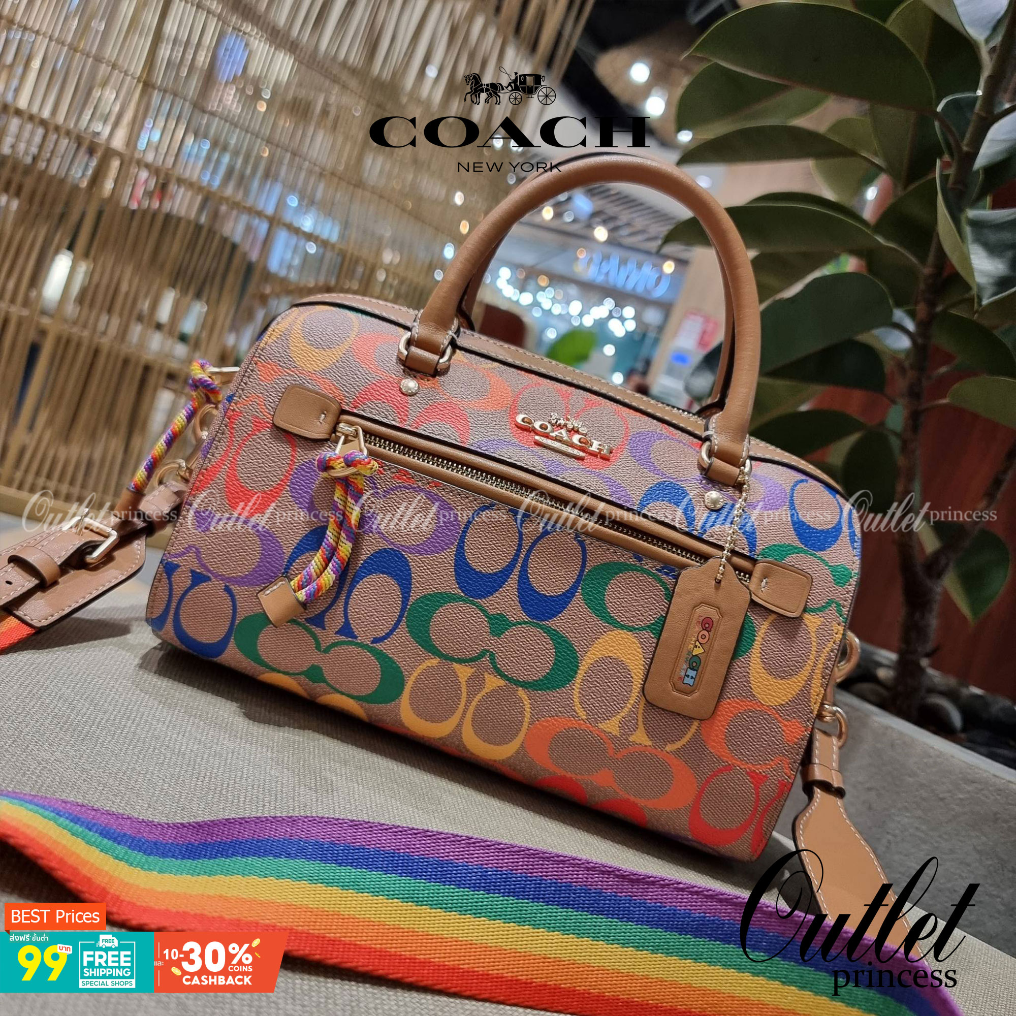 COACH C4396 ROWAN SATCHEL IN RAINBOW SIGNATURE CANVAS กระเป๋าทรงหมอนยอดฮิต คอลเลคชั่นที่สวยโดดเด่น ด้วยดีไซน์เรนโบว์ สดใส!! รูปทรงสวยงาม คลาสสิค และใช้งานได้อย่างกระฉับกระเฉง วัสดุหนังแคนวาสเคลือบลาย ทนทาน ภายในโล่งกว้าง มีช่องซิปและแบ่งสัดส่วนได้ลงตัว บอ