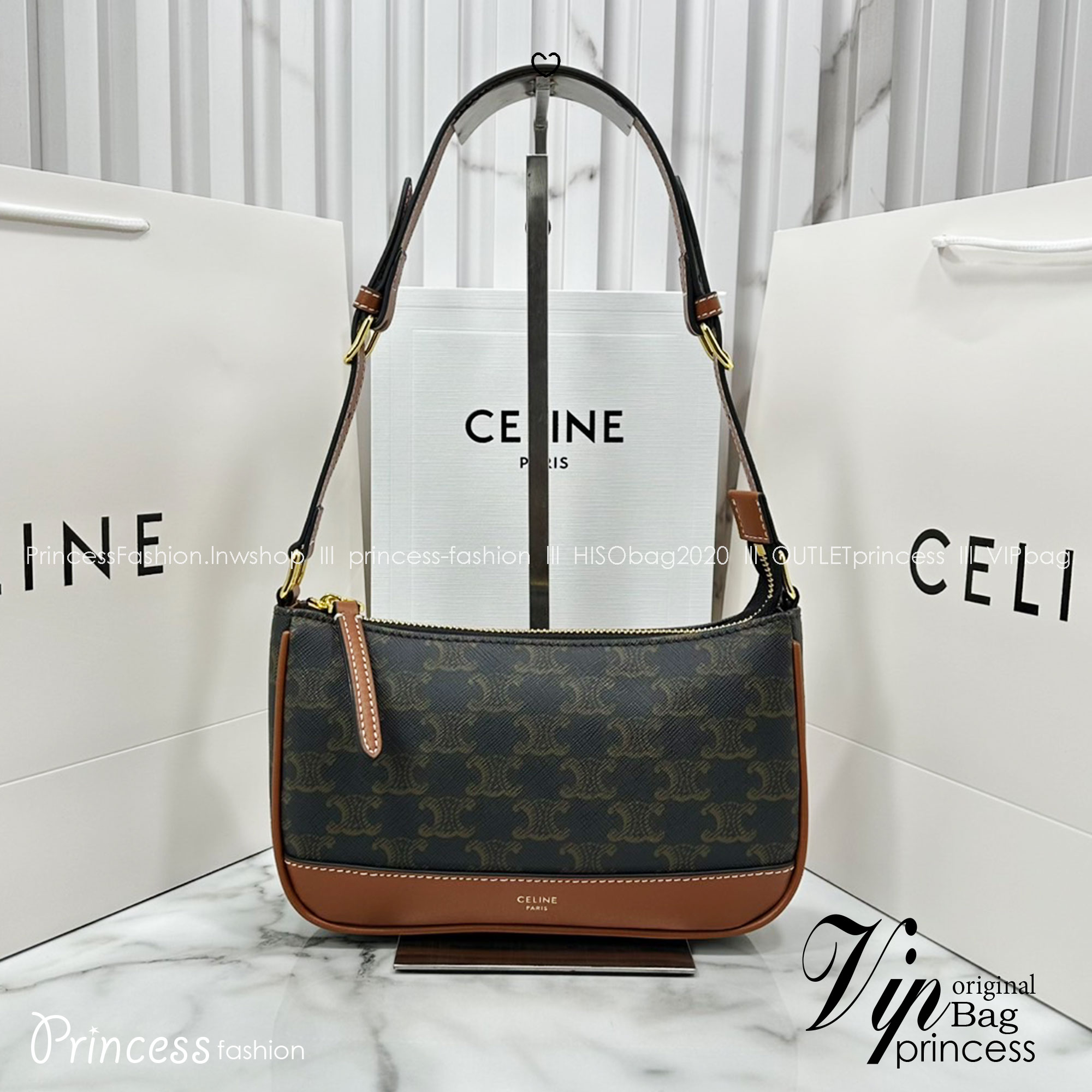 ORI หนังแท้ | CELINE Shoulder bag toile Triomphe et veau กระเป๋าสะพายไหล่ เรียบหรูคลาสิก ใช้งานง่าย เป็นใบที่แมทง่าย เข้ากับทุกลุคทุกสไตส์