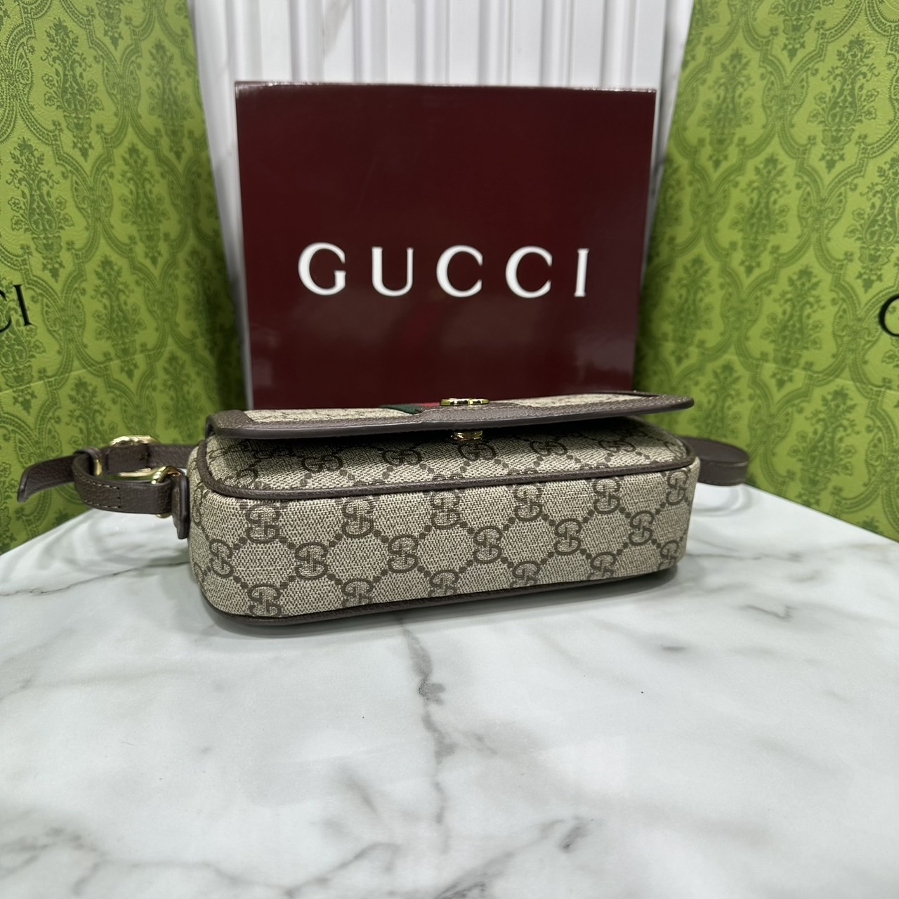 ORI หนังแท้ | Gucci Ophidia mini shoulder bag Monogram Double G / Gucci Crossbody Bag กระเป๋าสะพาย คอลเล็กชั่น Ophidia มอบชีวิตชีวาให้กับมรดกของแบรนด์ด้วยแถบ Web