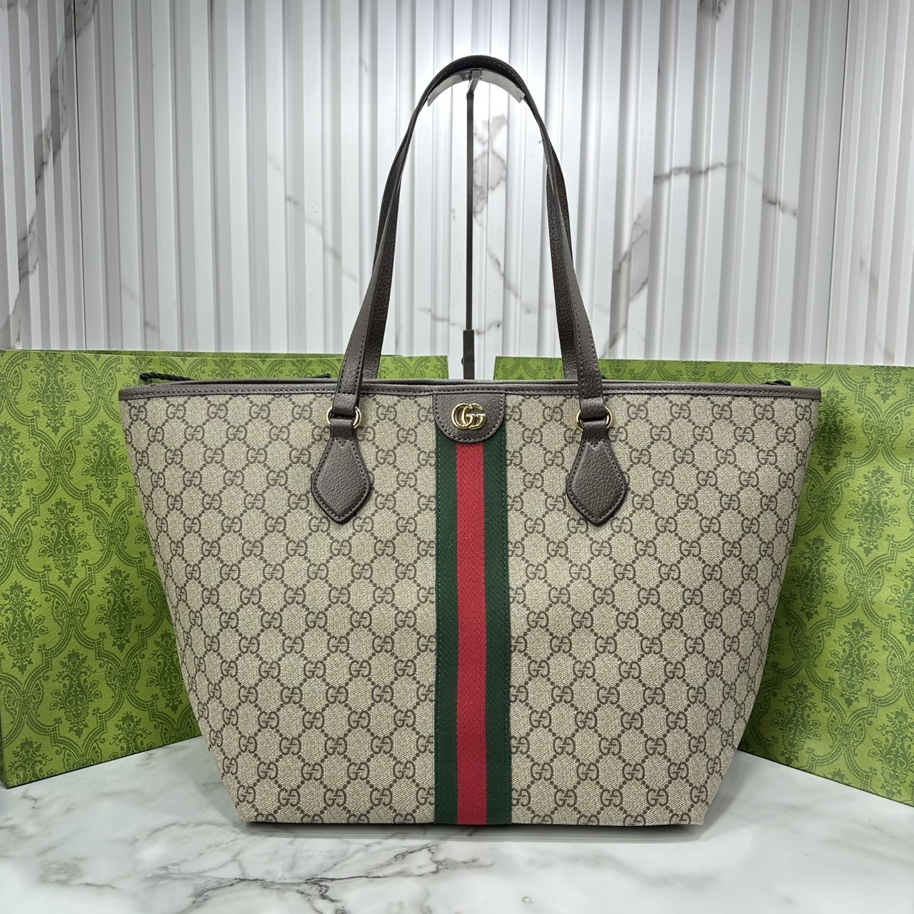 ORI หนังแท้ | Gucci Ophidia medium tote bag GG Monogram Double G / Gucci Tote Bag กระเป๋าสะพายทรงโท้ทใบใหญ่ ภายในโล่งกว้างจุของได้เยอะ