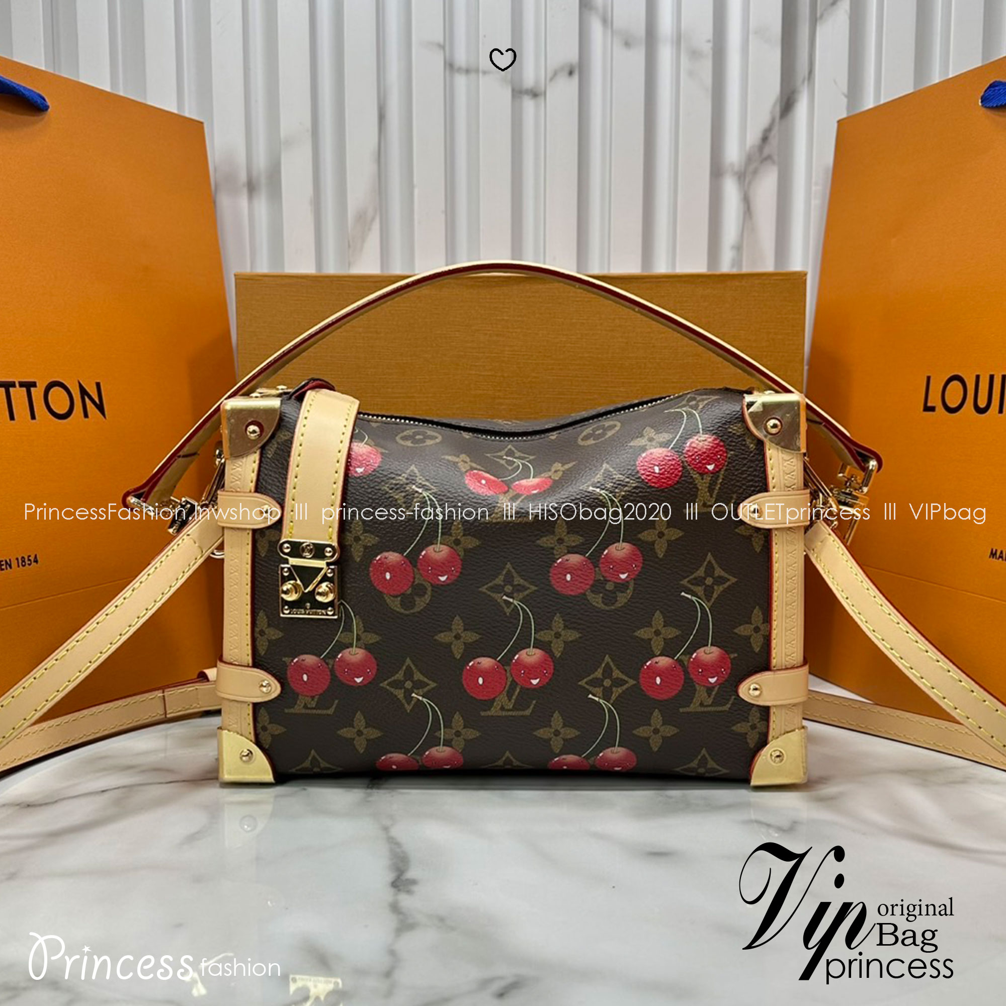 ORI หนังแท้ | LV x TM - Side Trunk MM Bag Monogram cherry canvas กระเป๋าสะพายทรงทรังค์ สะท้อนจิตวิญญาณแห่งความสนุกสนาน แสนมีชีวิตชีวา ด้วยตกแต่งลายเชอร์รี่สดใสงดงามอันเป็นเอกลักษณ์ของศิลปินชาวญี่ปุ่น