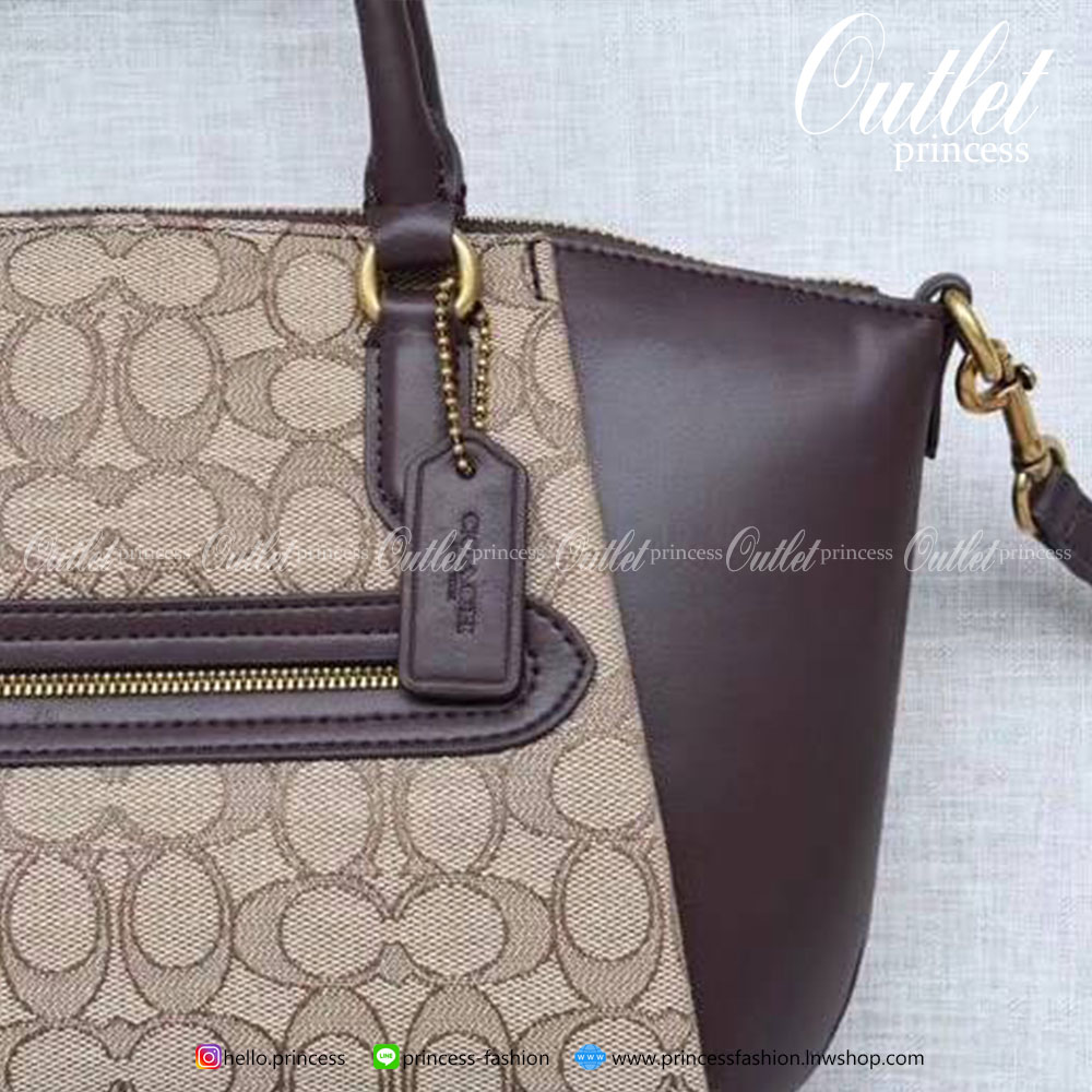 Coach Elise Satchel In Signature Canvas Product Details Signature coated canvas and refined calf leather Inside zip and snap pockets Zip-top closure, fabric lining Handles with 4 1/2" drop Outside zip pocket