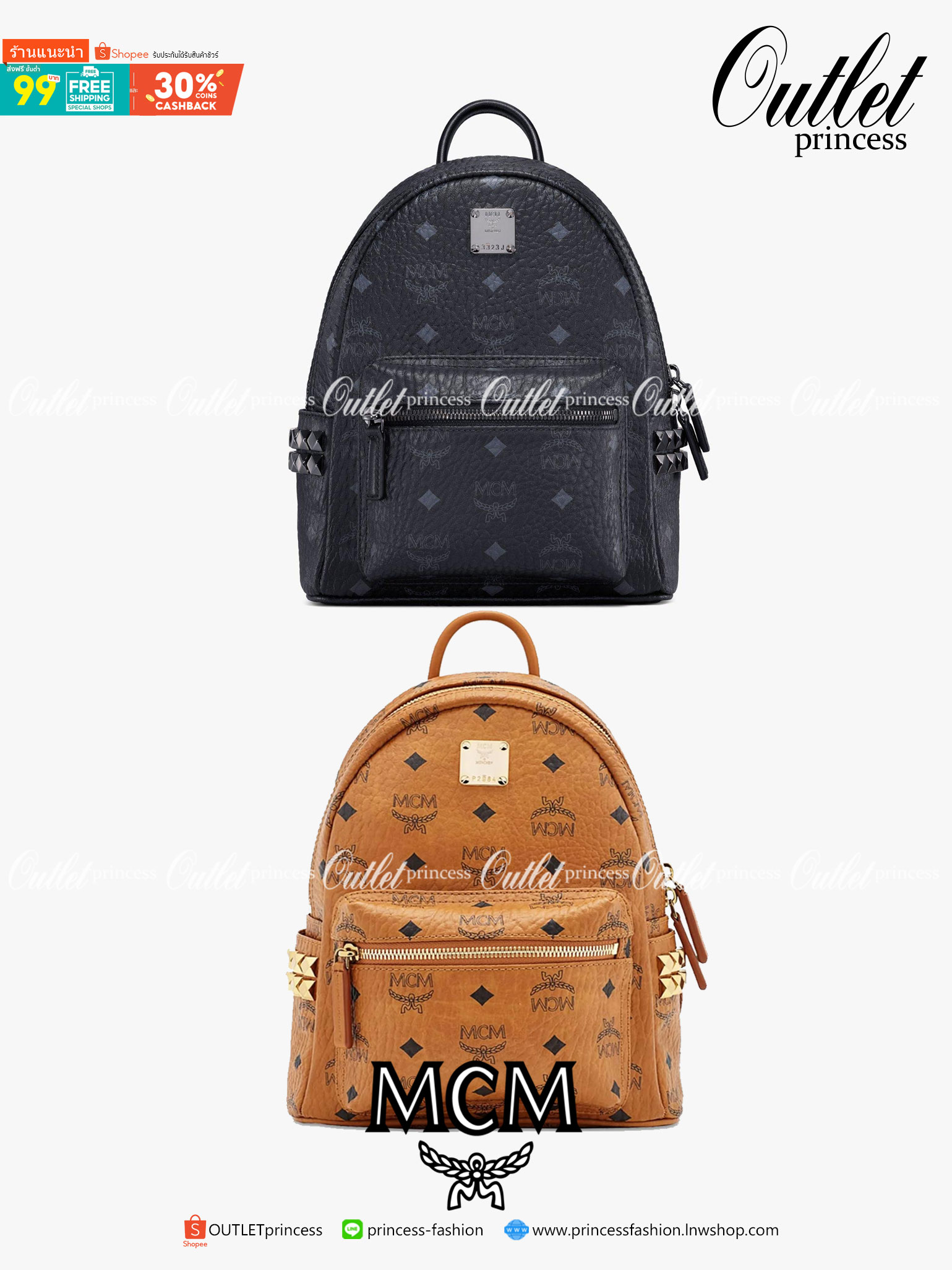 M.C.M STARK STUDS MINI BACKPACK IN VISETOS อีกหนึ่งรุ่น Best seller ที่ต้องมี!! กระเป๋าเป้ ไซส์ mini ขนาดเหมาะกำลังดีกับสาวๆ ที่ไม่ชอบแบกของหนักมาก ตกแต่งหมุดอะไหล่ทองด้านข้าง สวยหรู วัสดุหนังแคนวาสคุณภาพดี เปิด-ปิดด้วยซิป ภายในเป็นหนังแท้ จุของได้พอสมควร
