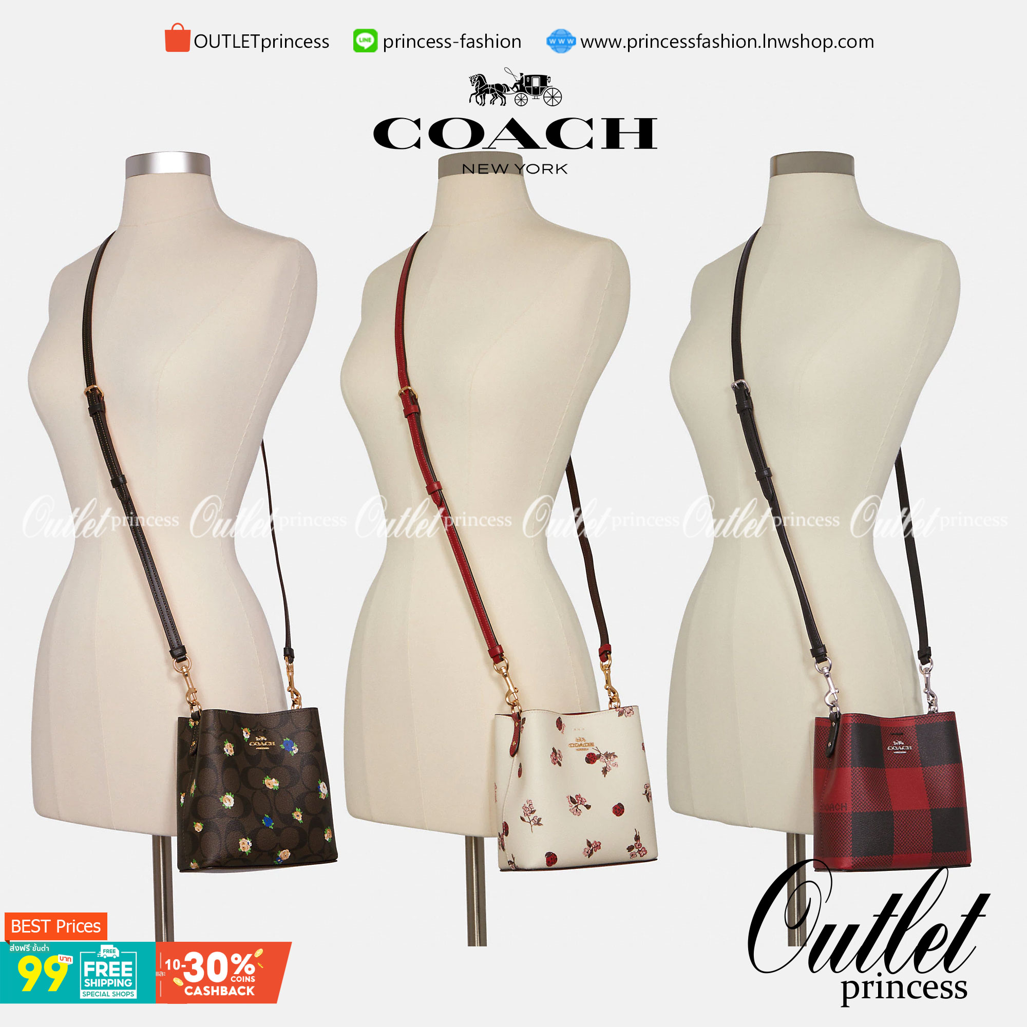 COACH MINI TOWN BUCKET BAG IN SIGNATURE CANVAS WITH VINTAGE MINI ROSE PRINT ((7270 7268 7267)) คอลเลคชั่นใหม่ล่าสุด!! น้องสาวคนสวยมาแล้วจ้า สดใสต้อนรับเทศกาลคริสต์มาส 🎅🎄 กระเป๋าบัคเก็ต ไซส์มินิ ใบจริงน่ารักม้าก!! น่าใช้แบบที่สุด วัสดุหนังแ