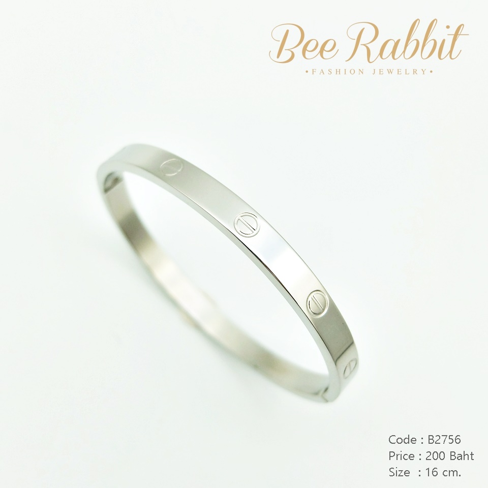 กำไลข้อมือสแตนเลสแท้ สีเงิน ทรงวงรี สลักลาย